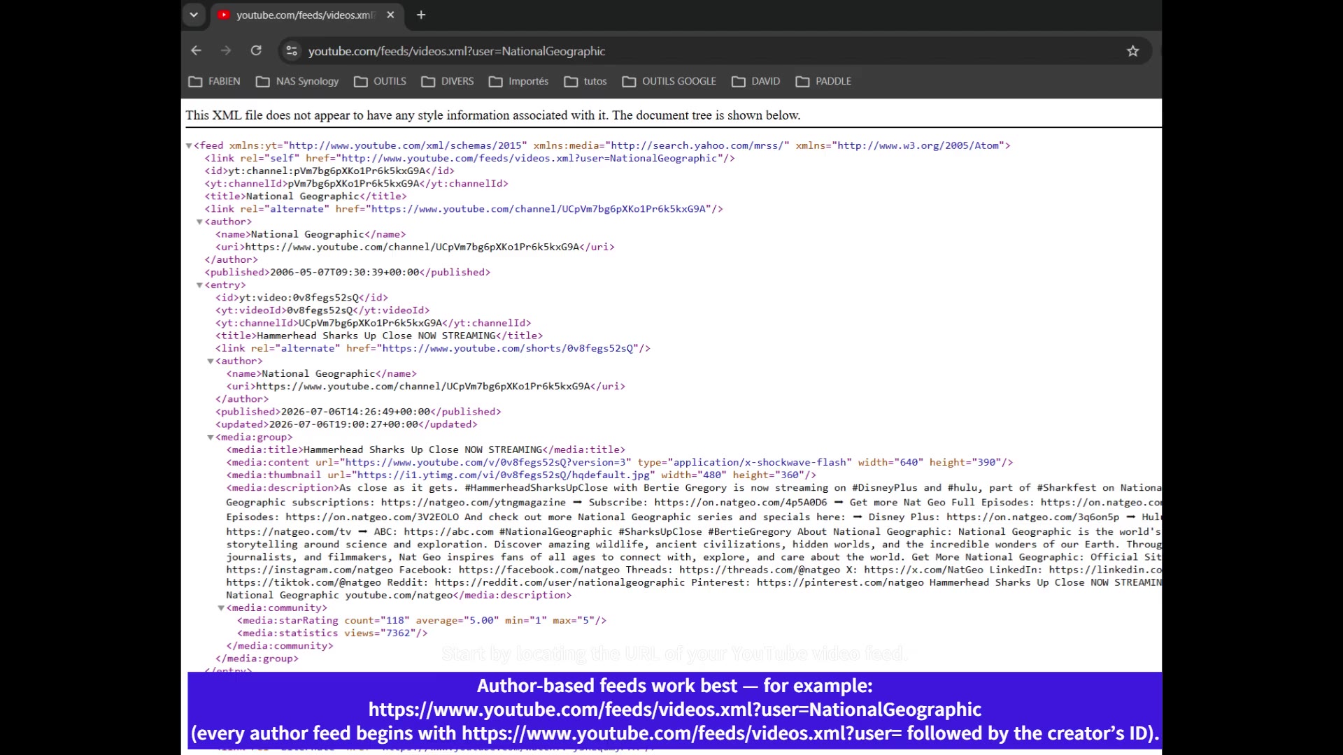 YouTube RSS feed URL example, author-based feed format