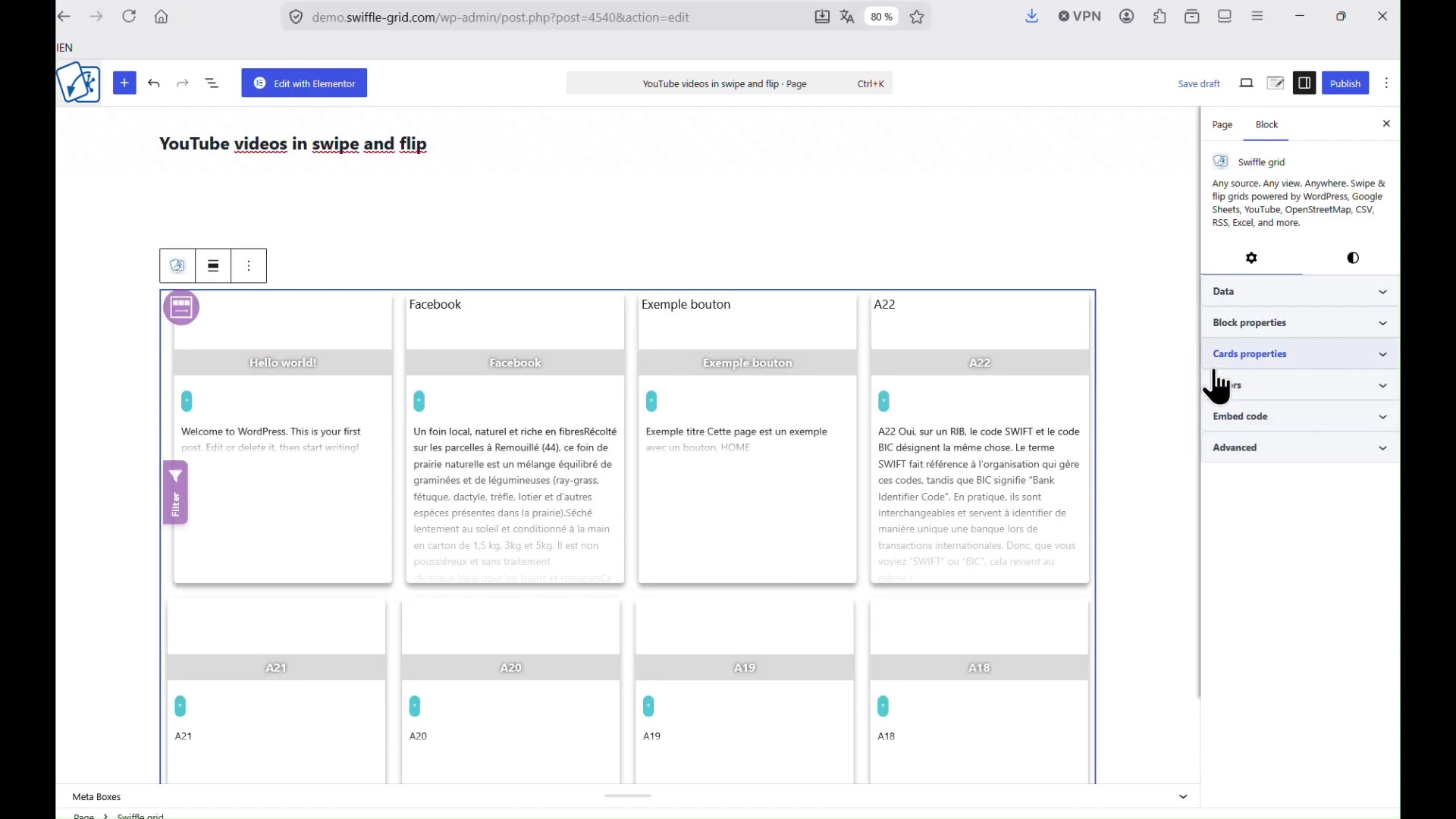 Adding a fresh Swiffle Grid block in the Gutenberg editor