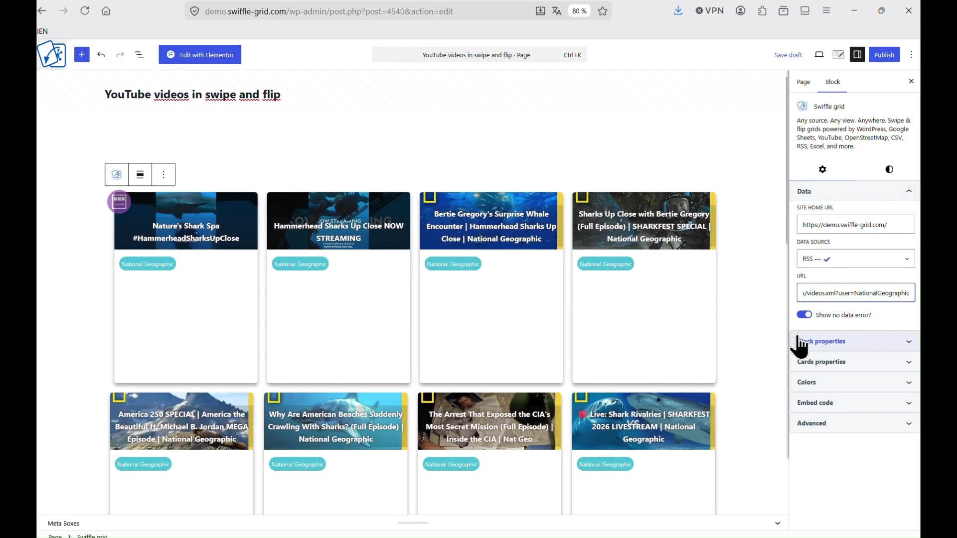 Swiffle Grid block with RSS data source selected and the YouTube feed URL pasted, showing a live channel grid