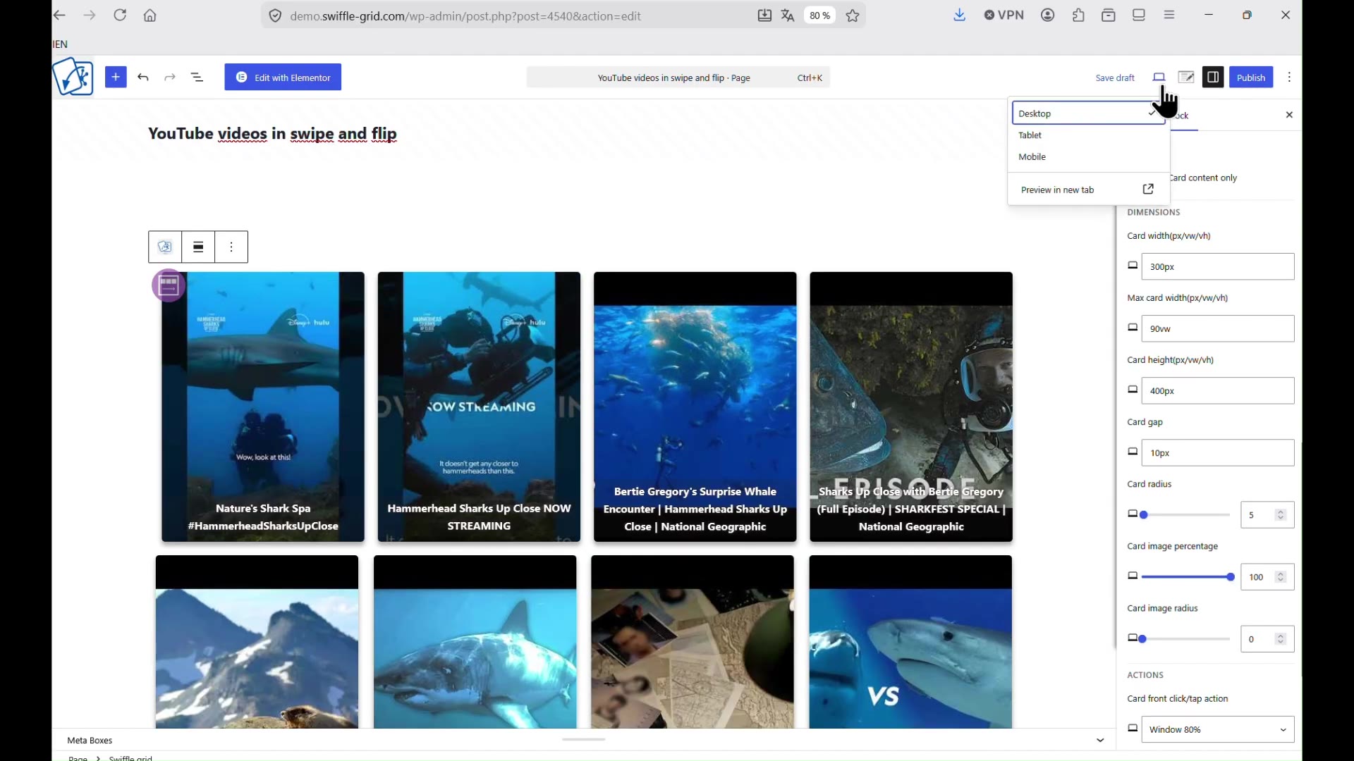 Swiffle Grid card layout settings — width, height, gap, and radius