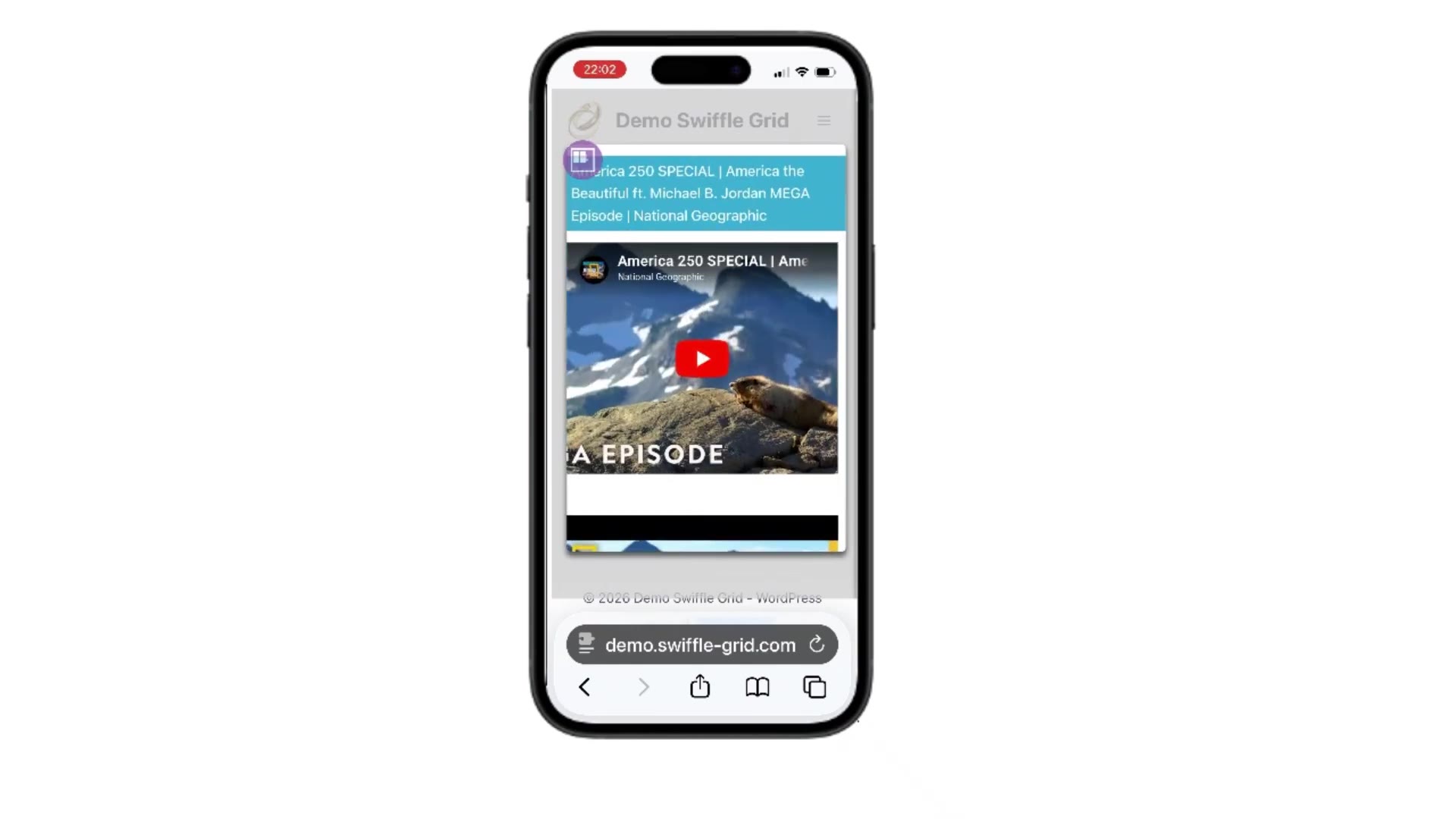 A flipped Swiffle Grid card playing an embedded YouTube video on a mobile screen