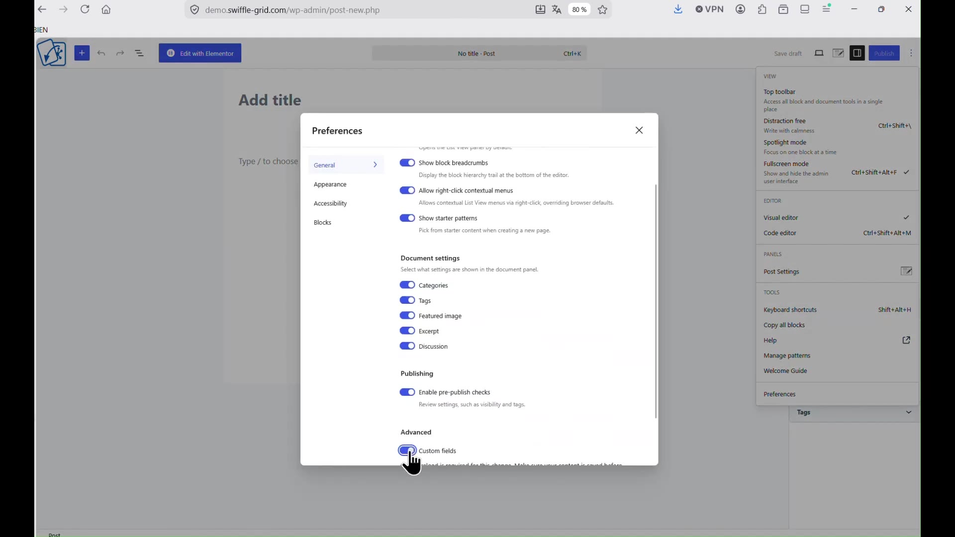 WordPress editor Preferences panel with the Custom fields toggle being switched on