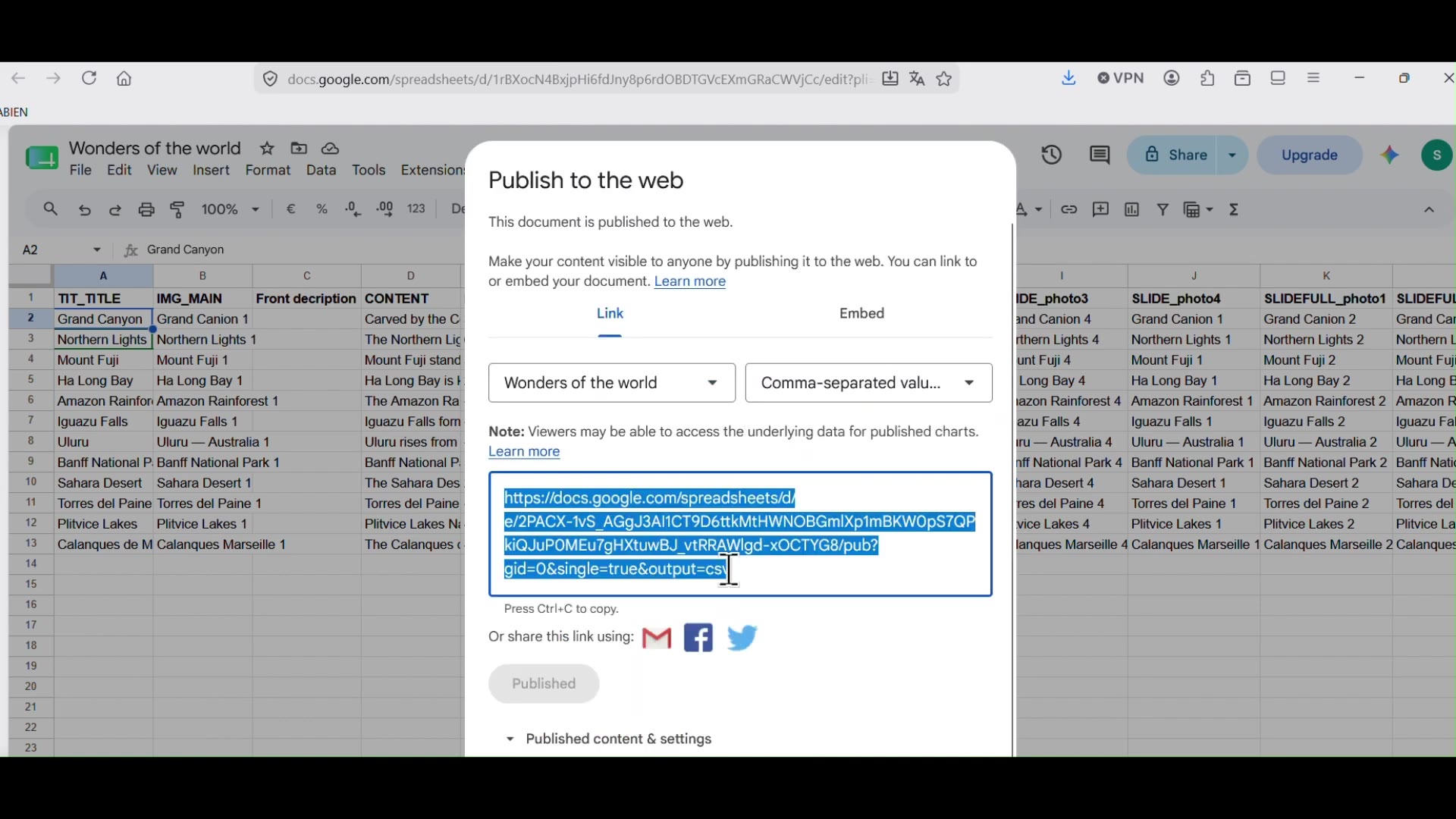 Google Sheets Publish to the web dialog with the Comma-separated values format selected and the CSV URL ready to copy