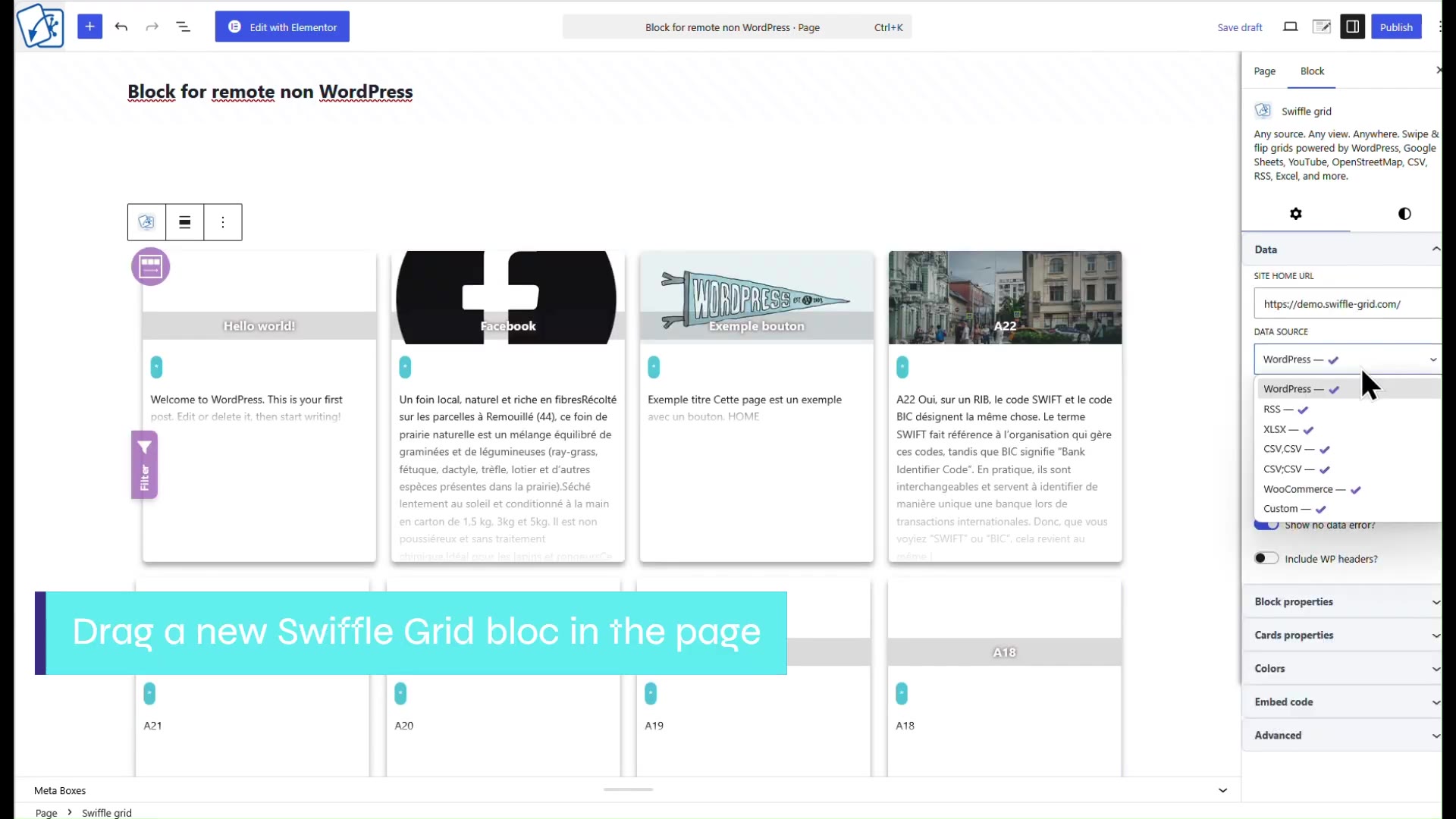 Swiffle Grid block settings panel with WooCommerce selected as the data source