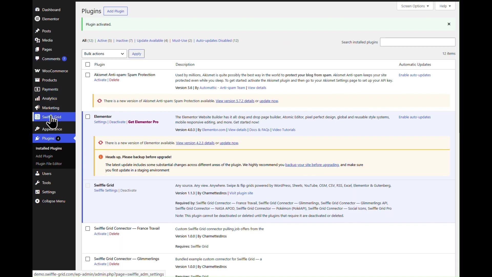 Custom connector plugin listed and activated on the Plugins page