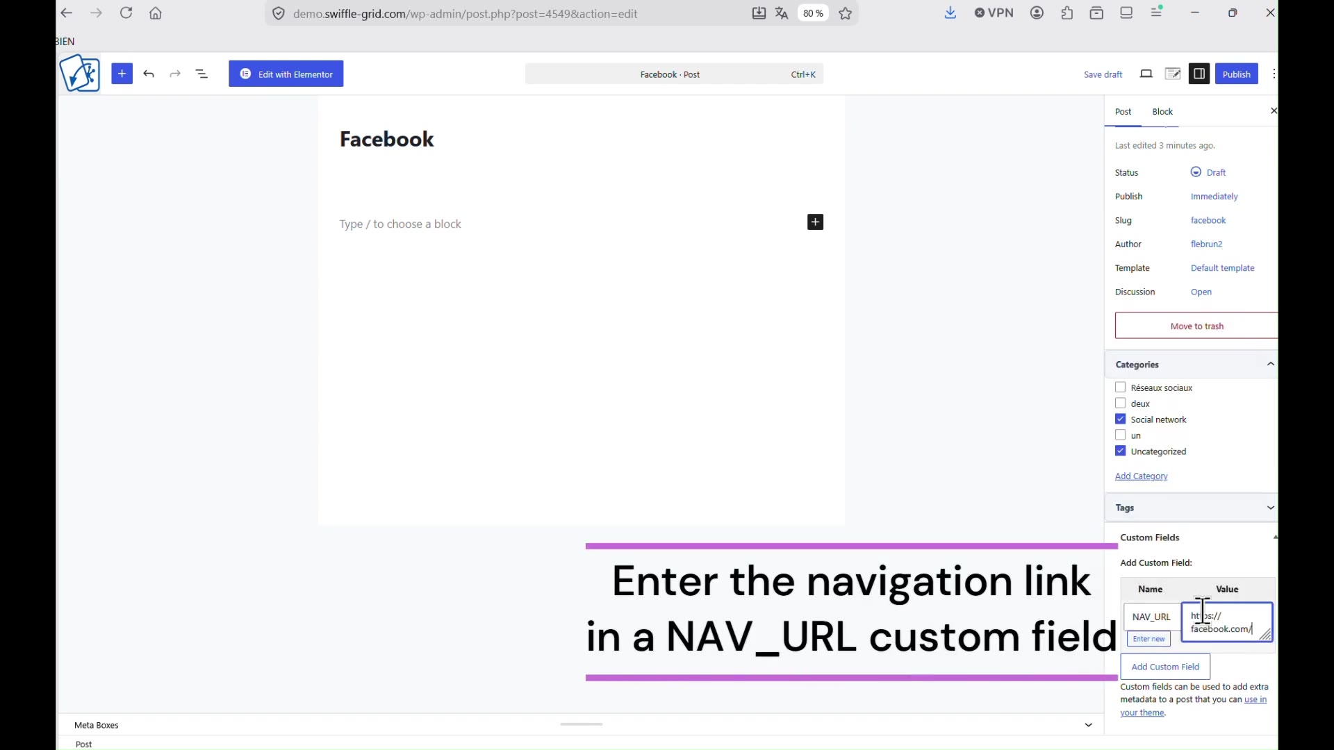 Post editor Custom Fields panel with a NAV_URL field being filled with a destination link