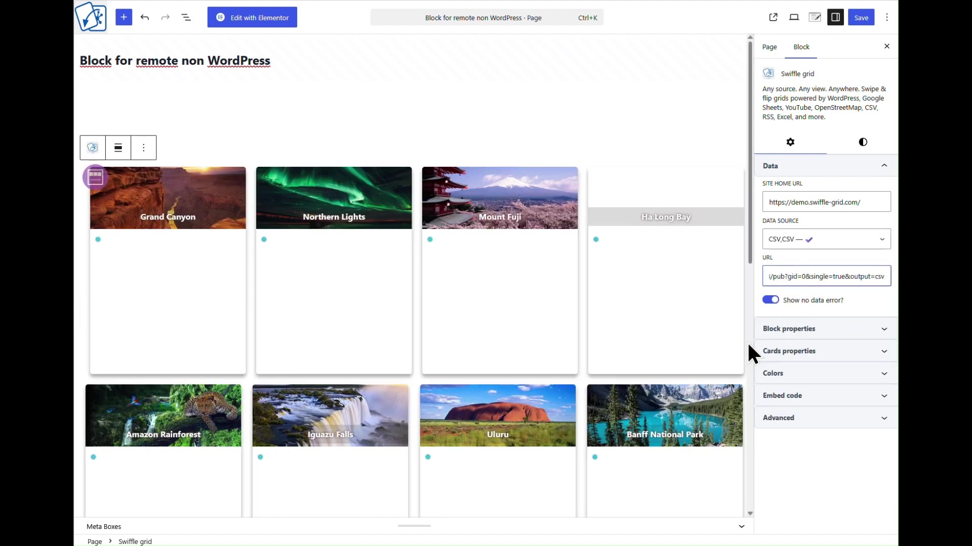 Swiffle Grid block settings panel with Data source set to CSV and the published Google Sheet URL pasted in