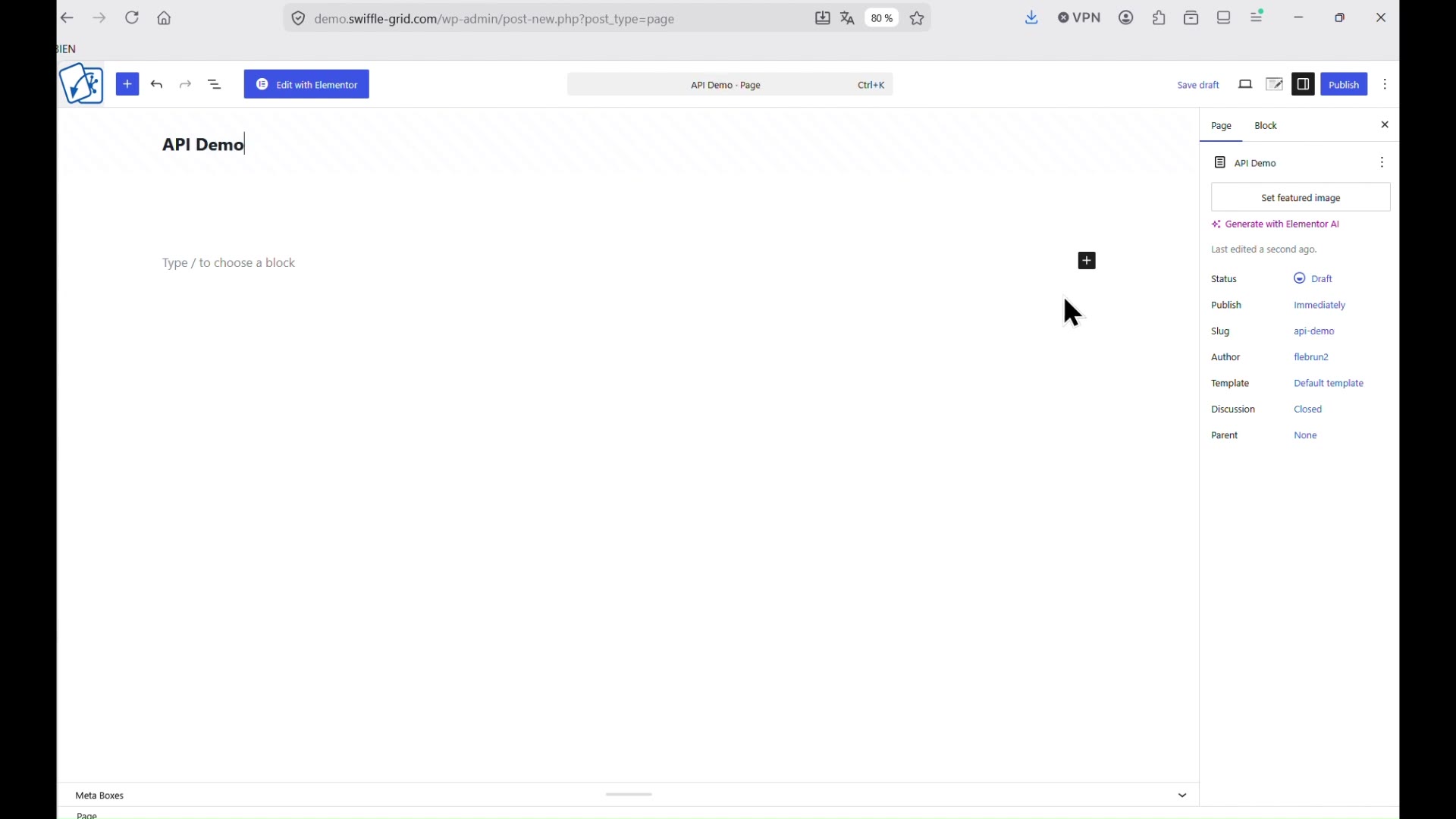 New WordPress page with a Swiffle Grid block added