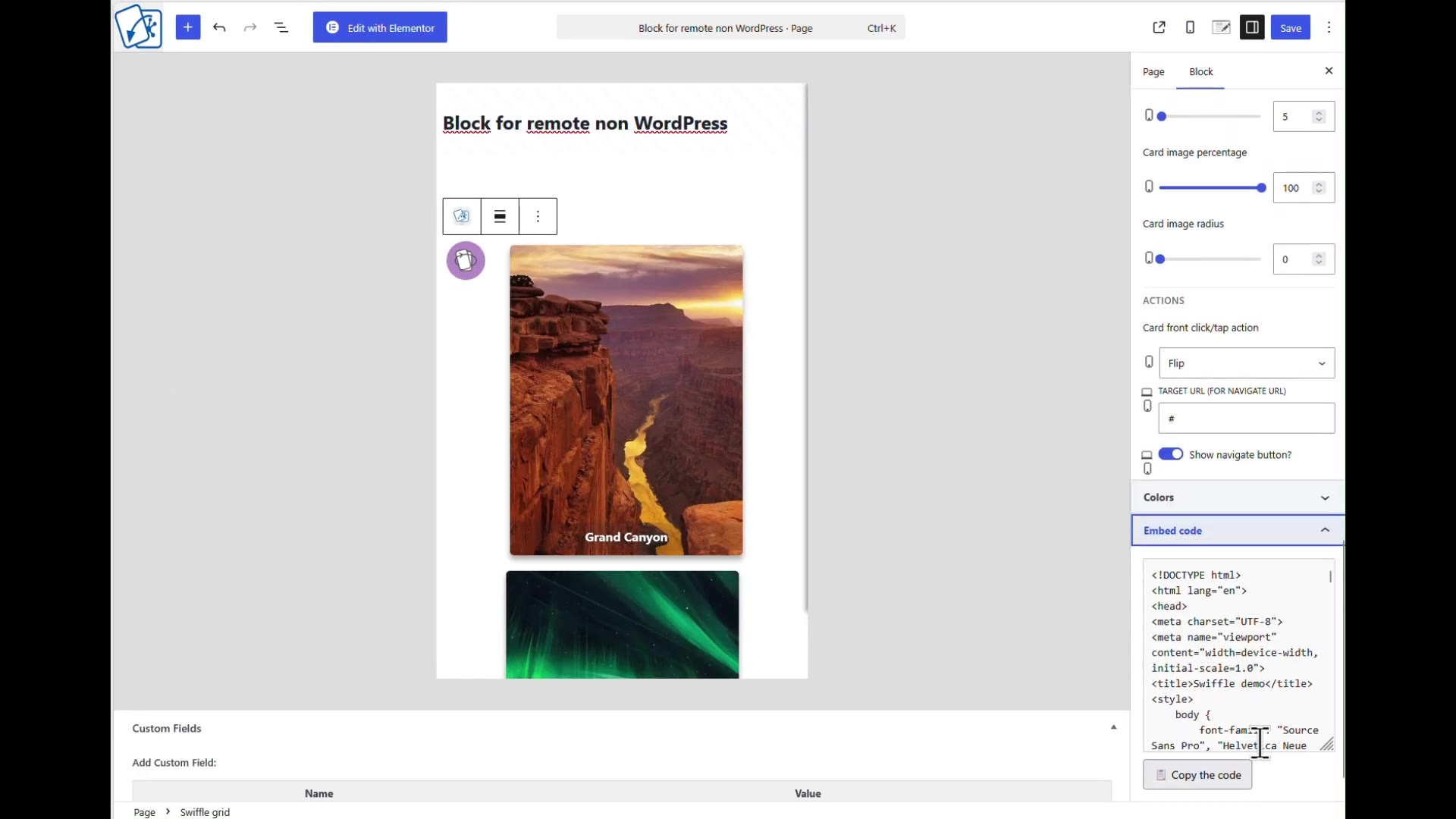 Swiffle Grid block sidebar with the Embed code tab open and the Copy the code button