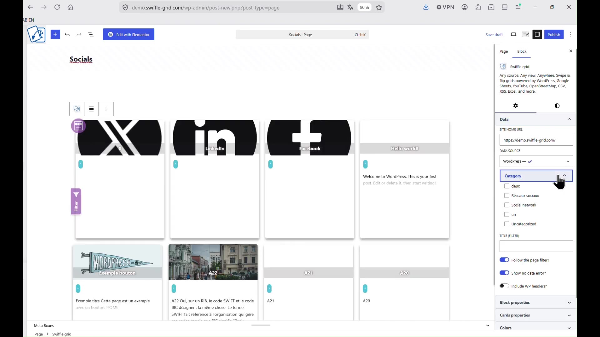Swiffle Grid block on a page, with the Category filter panel open in the sidebar