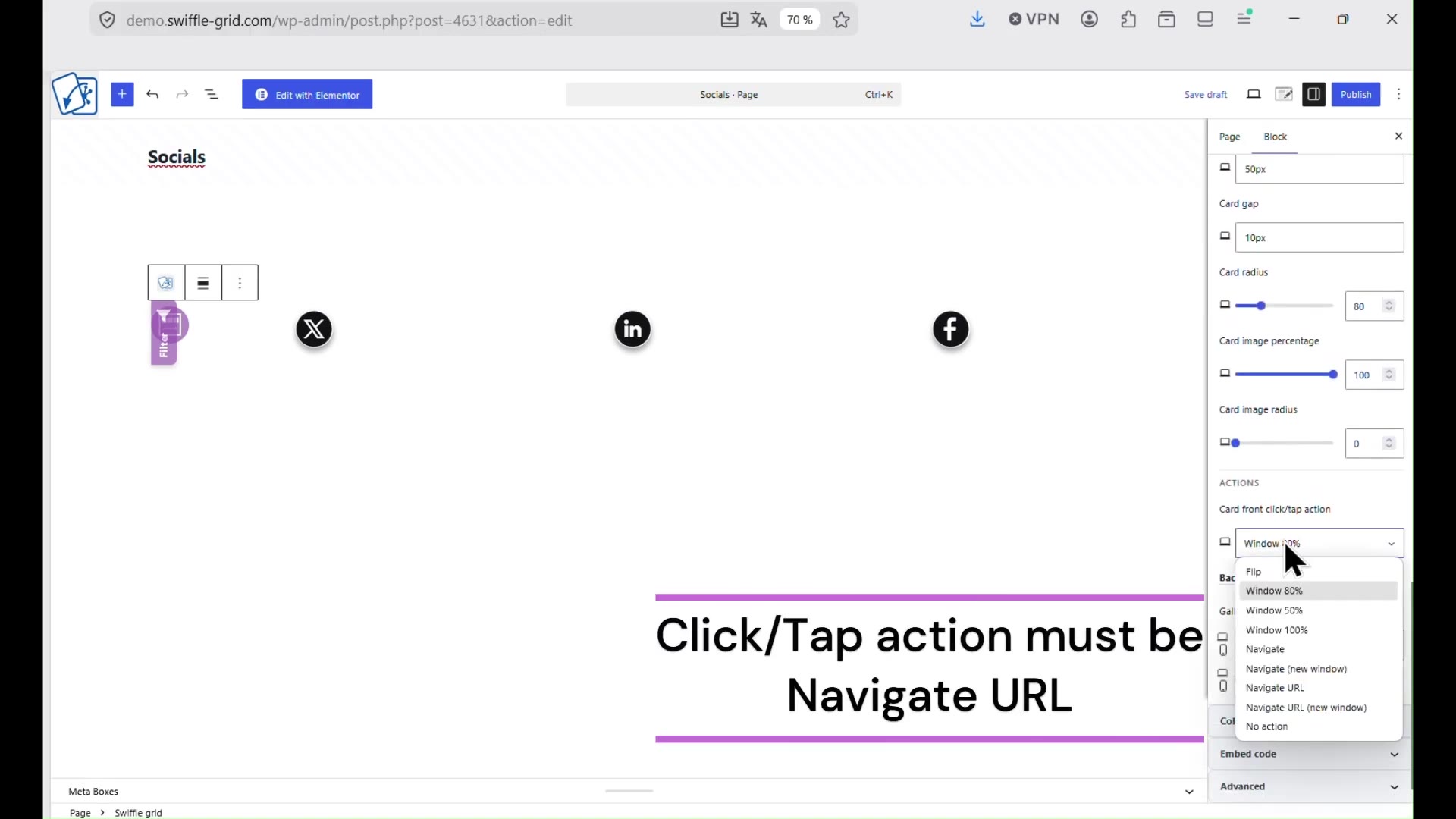 Card front click/tap action dropdown with Navigate URL selected