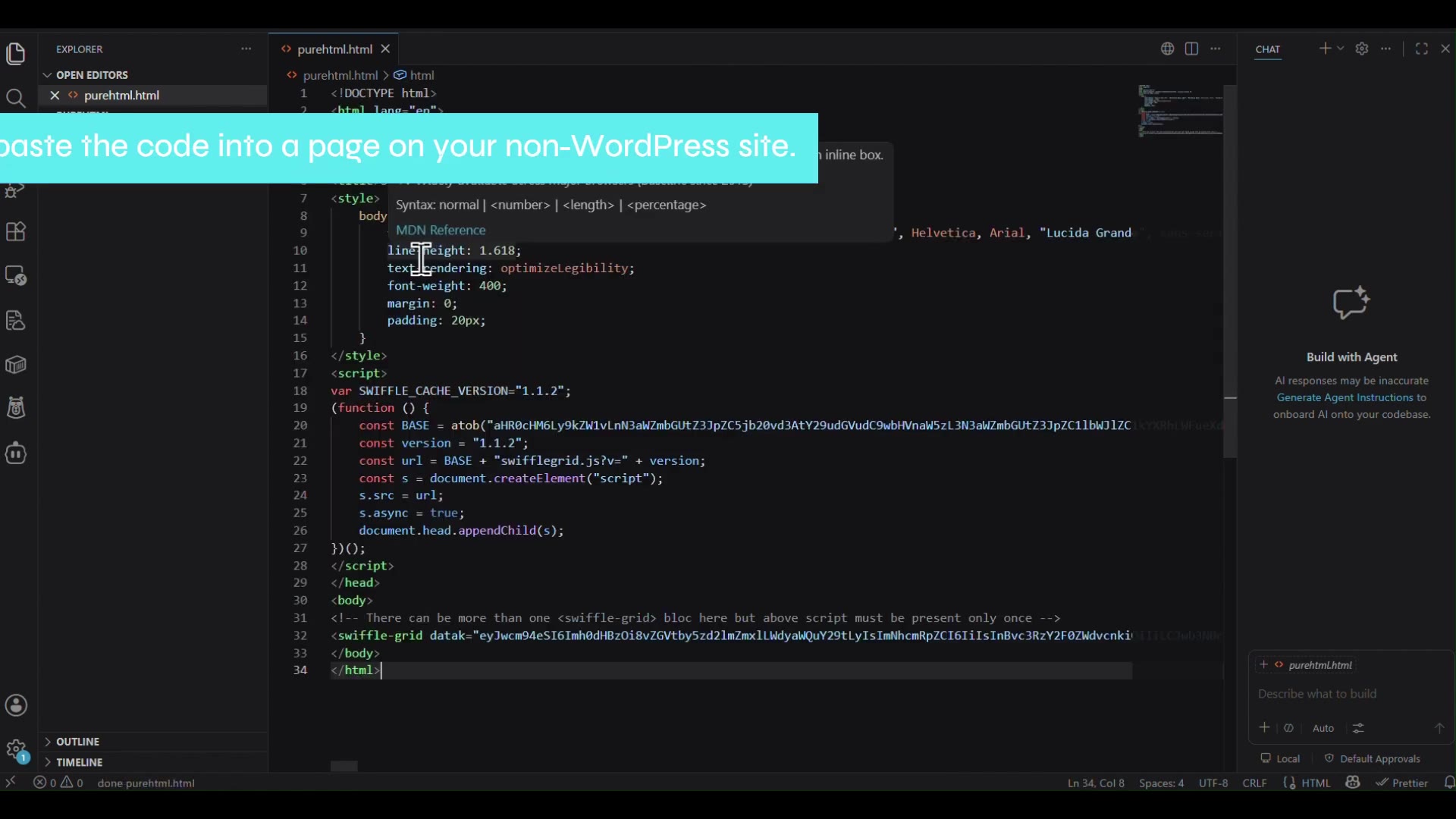The Swiffle Grid embed code pasted into an HTML page in a code editor, ready to be saved on a non-WordPress site