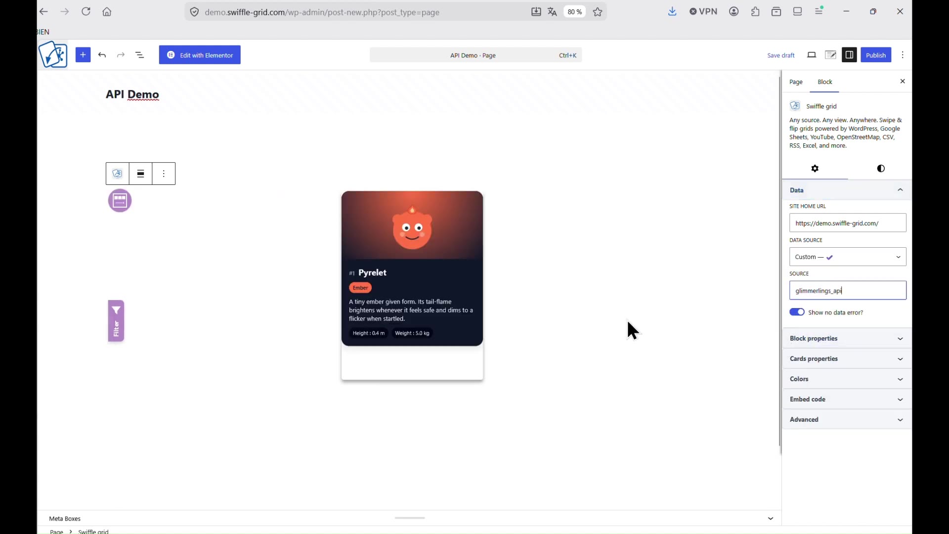 Swiffle Grid block Data source set to Custom with connector slug entered