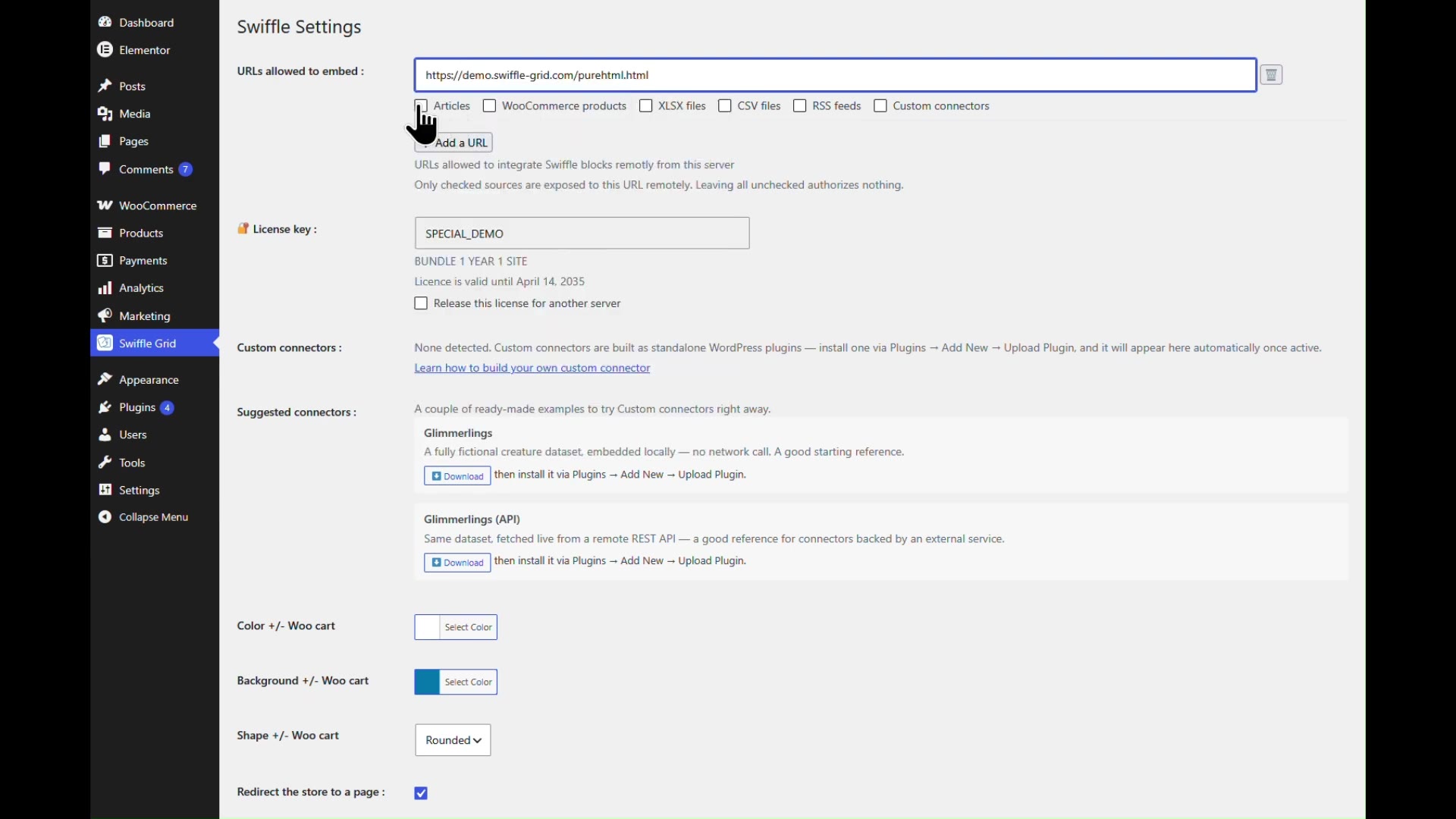 Swiffle Grid admin settings showing the URLs allowed to embed field with an external site URL added