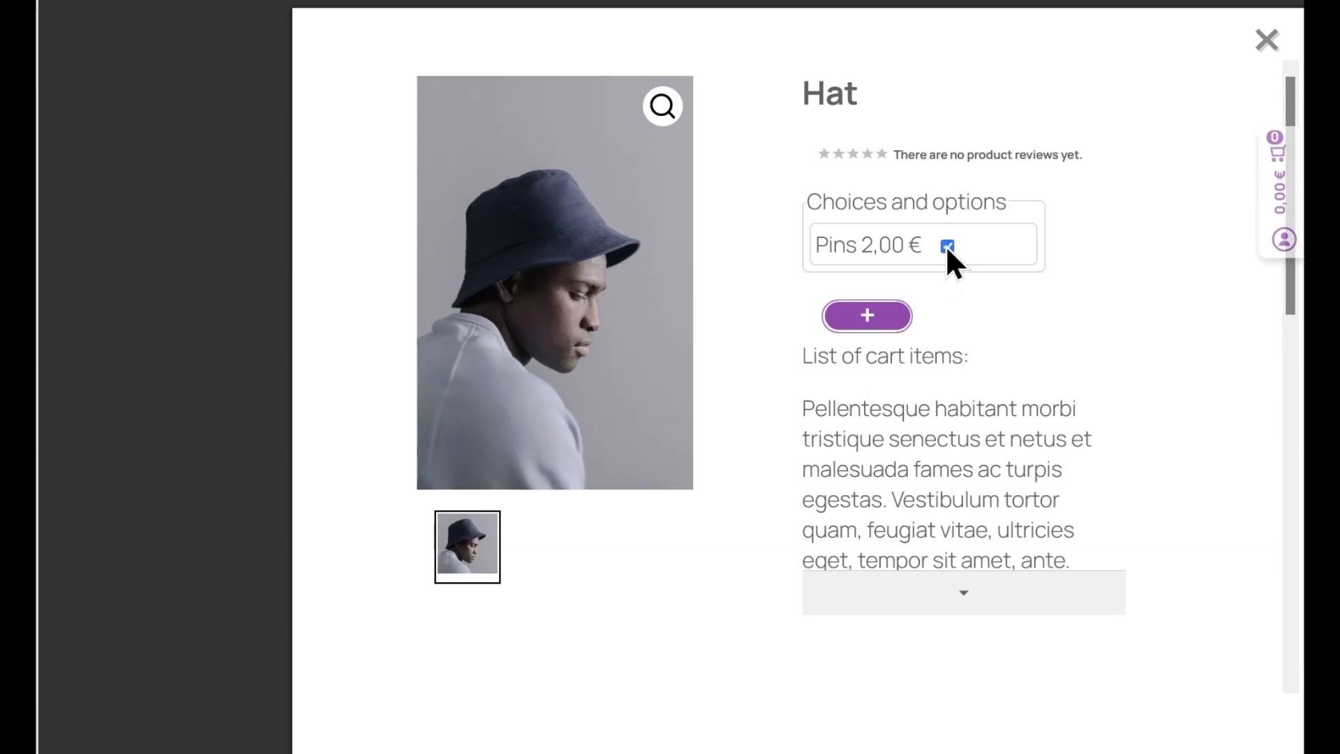 Product page showing the Pins custom option available for the customer to select