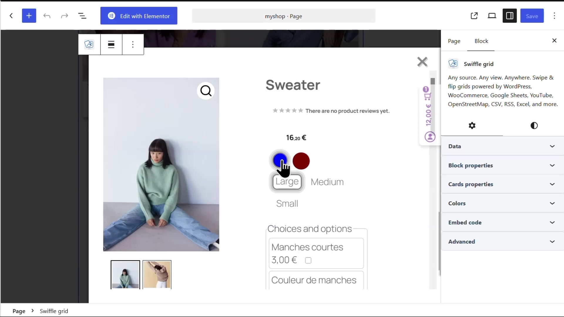 Clickable color swatches displayed on a Swiffle Grid, live on a real product