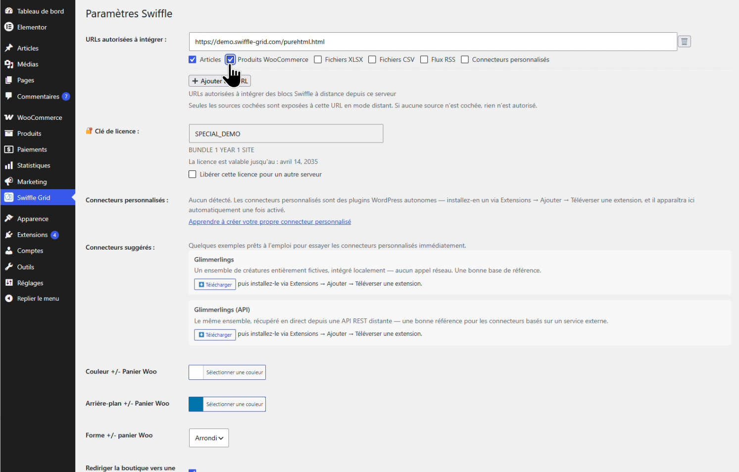 Swiffle Grid admin settings showing the URLs allowed to embed field