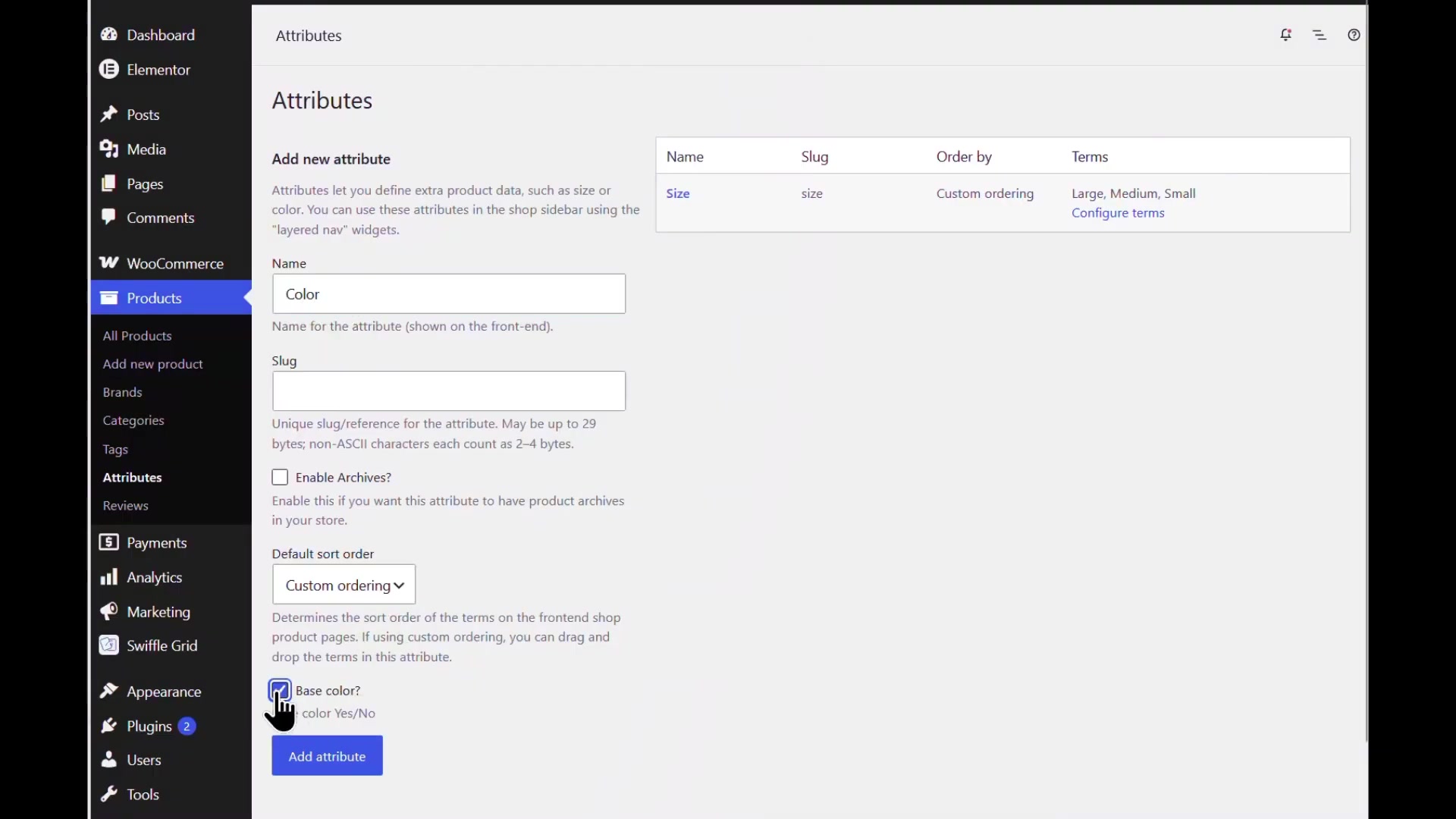 Creating the Color attribute with the Base color option enabled in WooCommerce