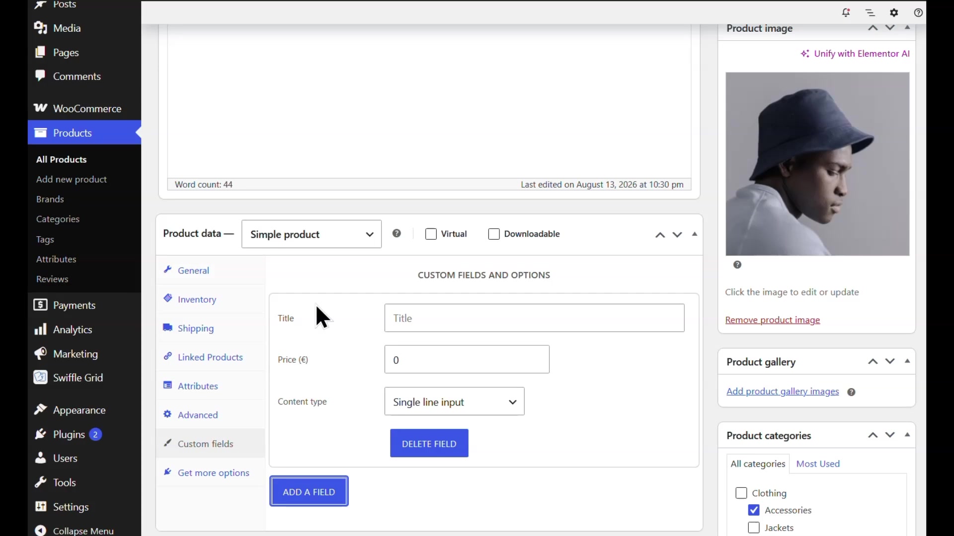 WooCommerce Custom Fields and Options tab with the Add a Field button