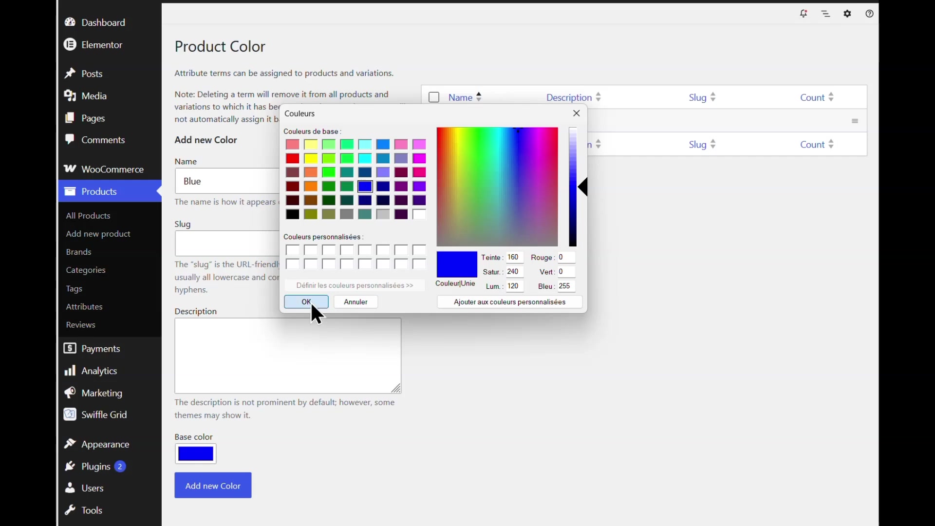 WordPress color picker used to set the base color for the Blue term