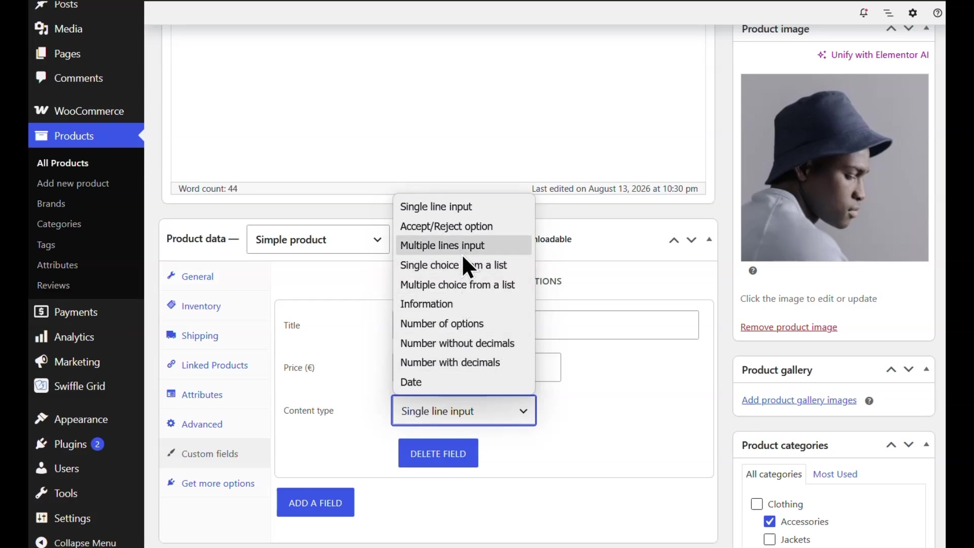 Content type dropdown showing every available custom field type