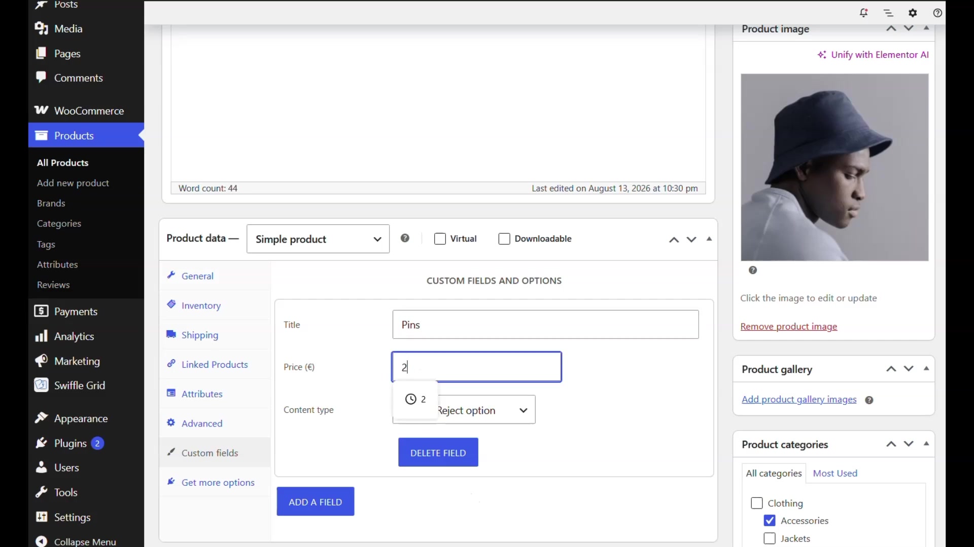 Custom field form with the option named Pins and a price of 2 euros