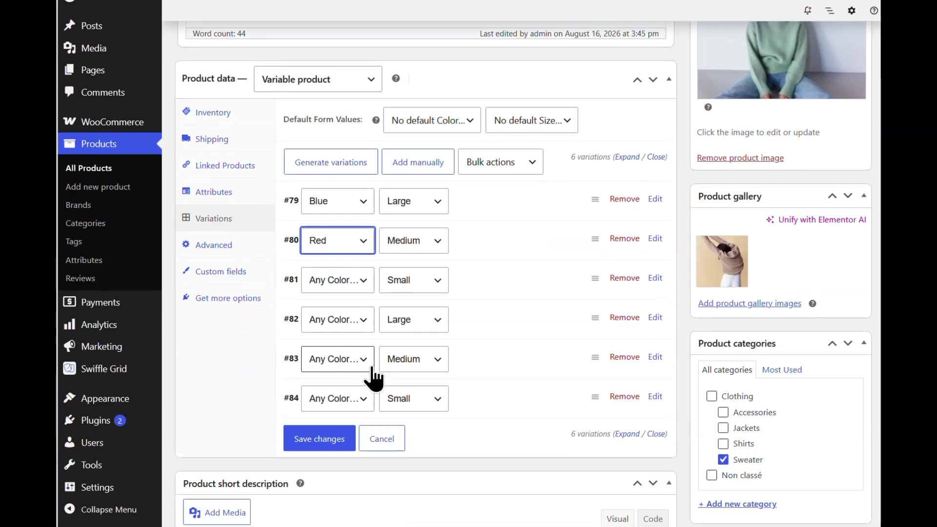 WooCommerce product variations with the Blue and Red colors assigned