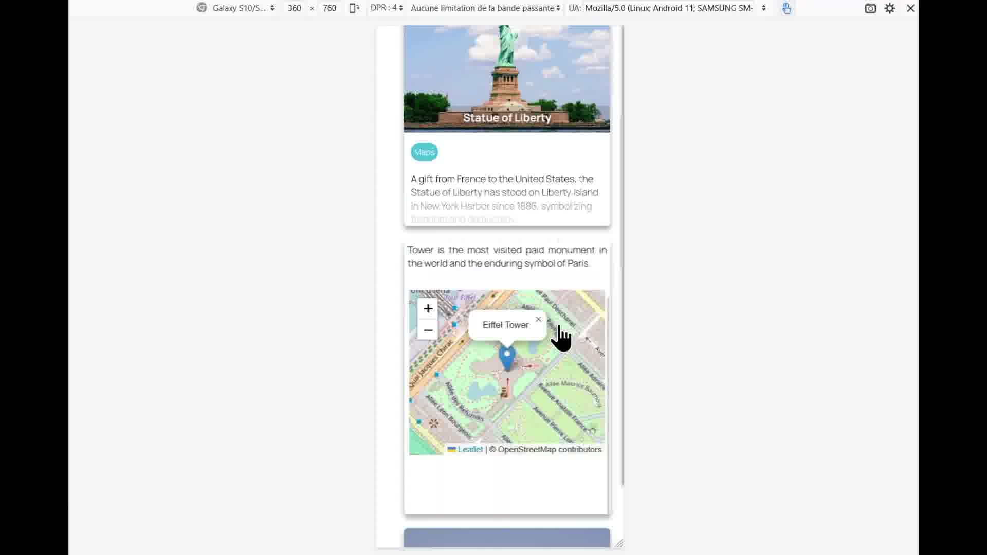 An interactive OpenStreetMap appearing on the back of a card after clicking it