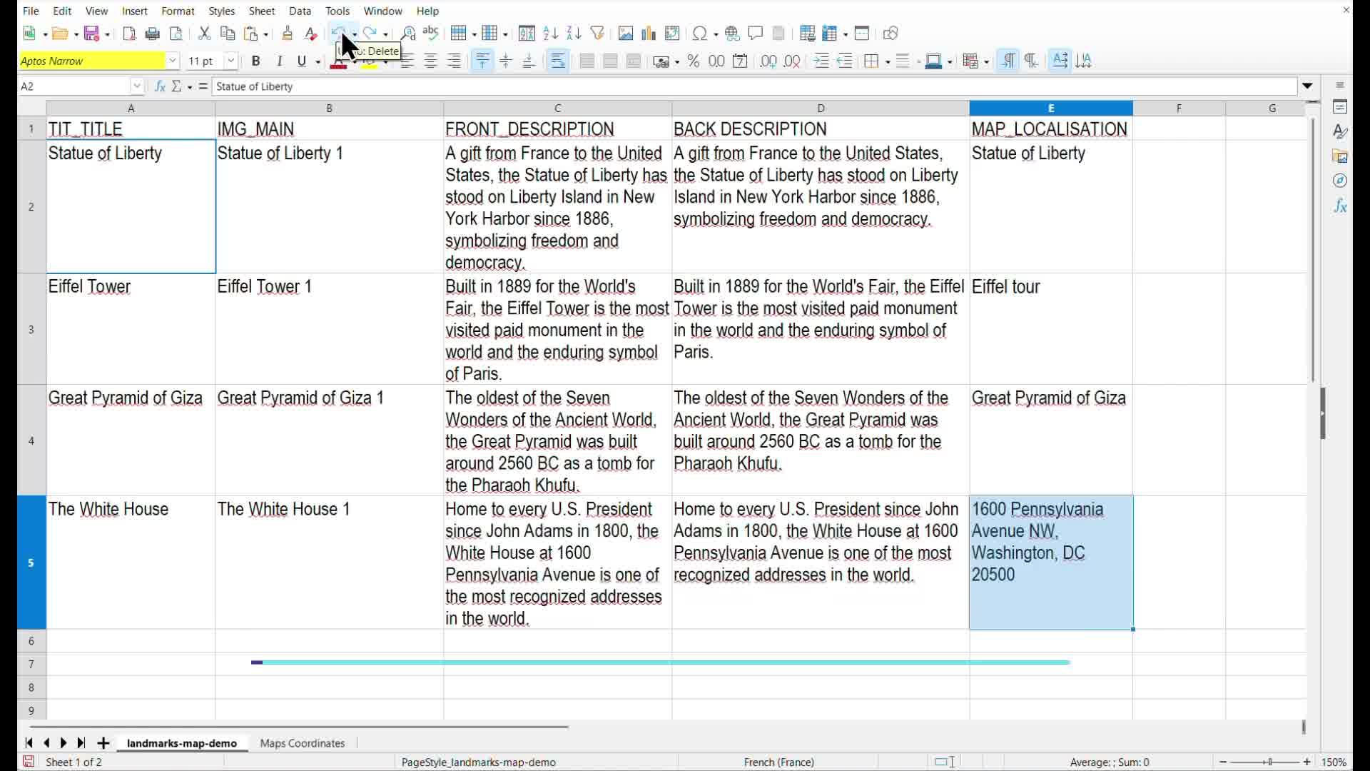 A spreadsheet with a MAP_LOCALISATION column filled with coordinates, place names, and a street address