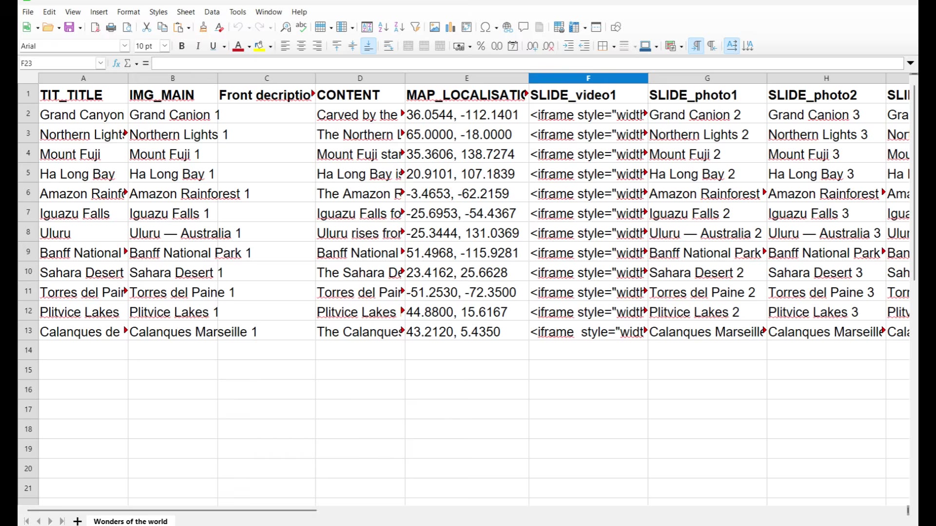 Editing the Wonders of the world XLSX file in LibreOffice Calc