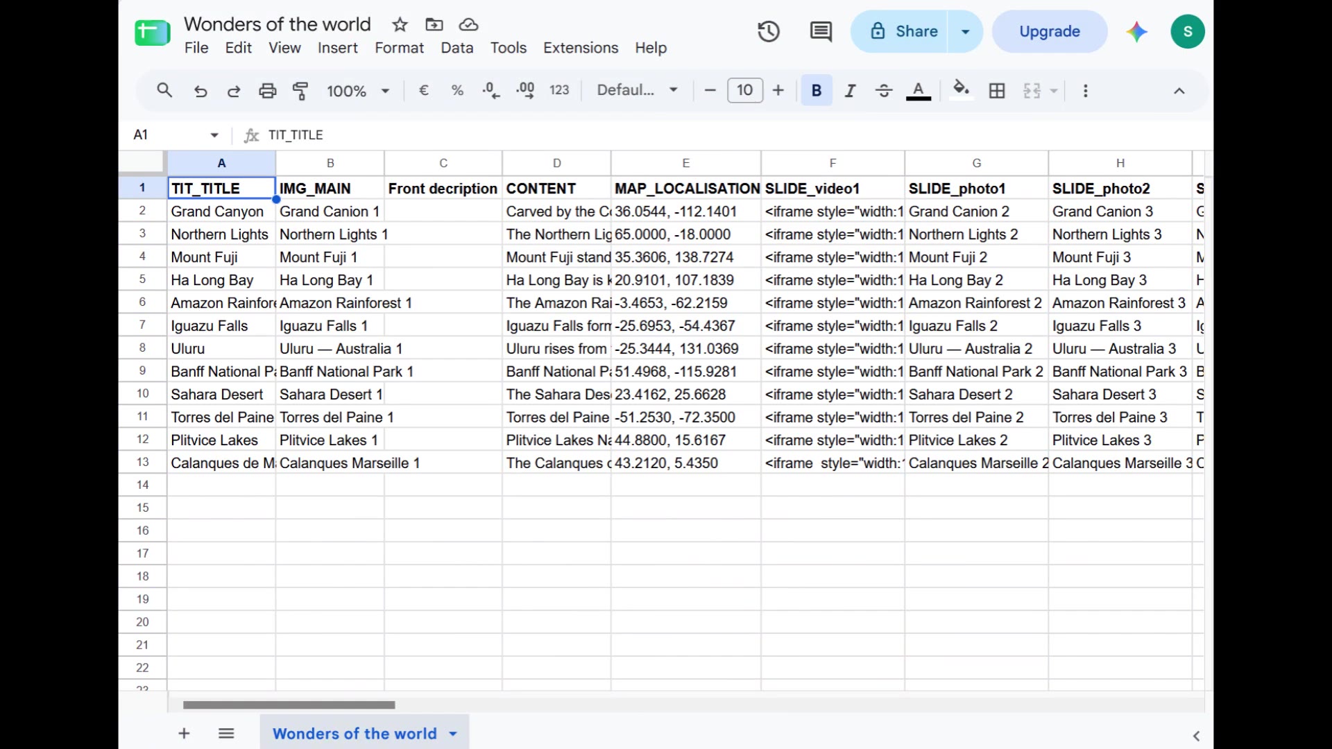Preparing the Wonders of the world data in Google Sheets