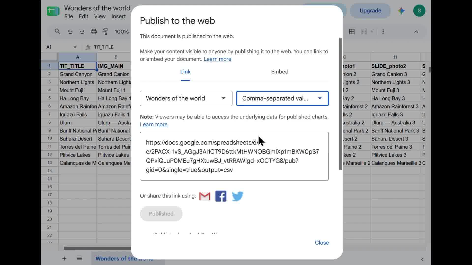 Publishing the Google Sheet to the web as a CSV link