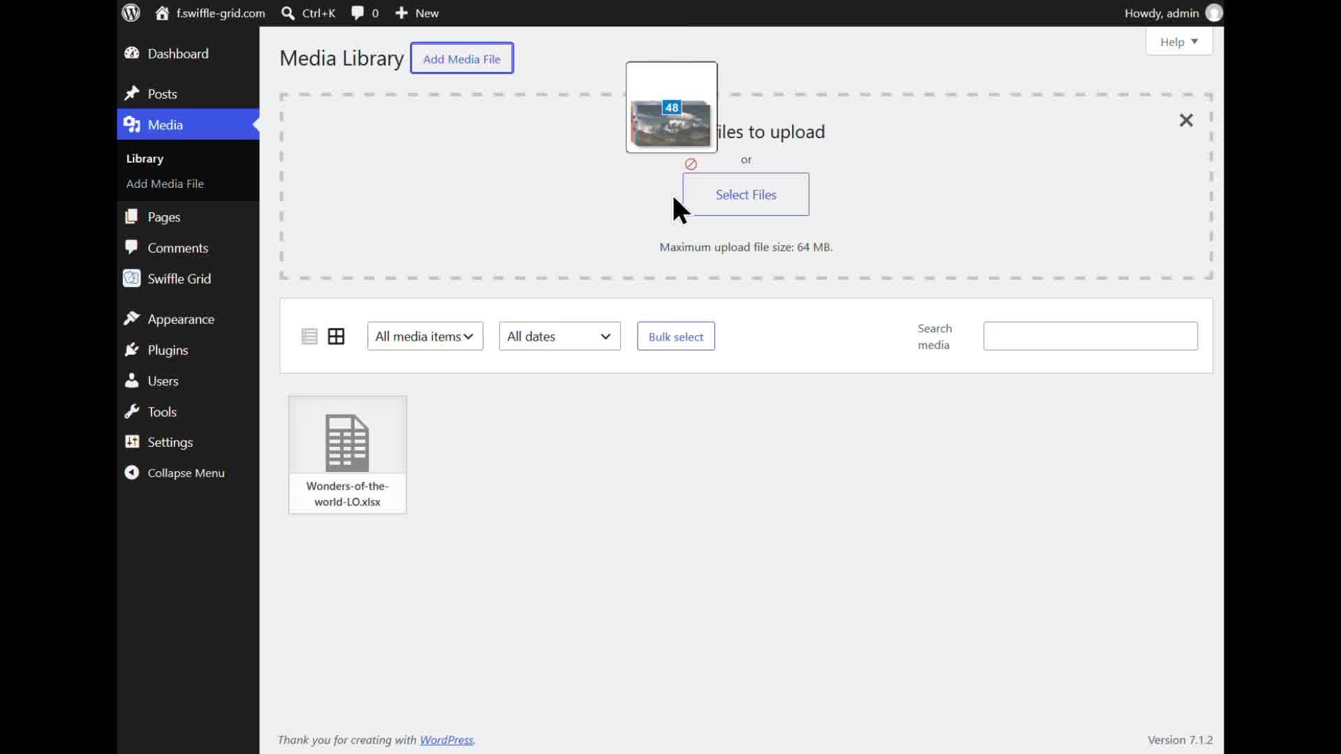 Uploading the XLSX file to the WordPress Media Library