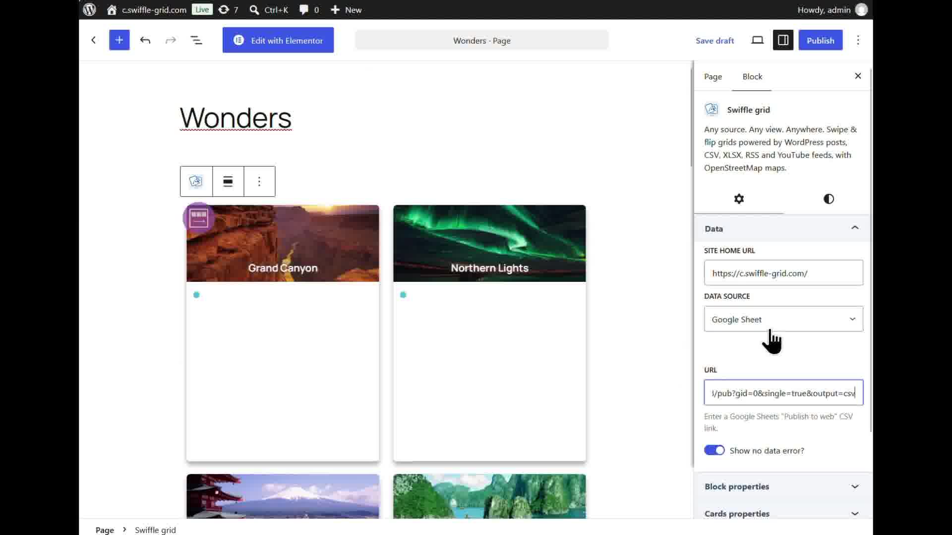 Swiffle Grid block with Google Sheet selected as the data source