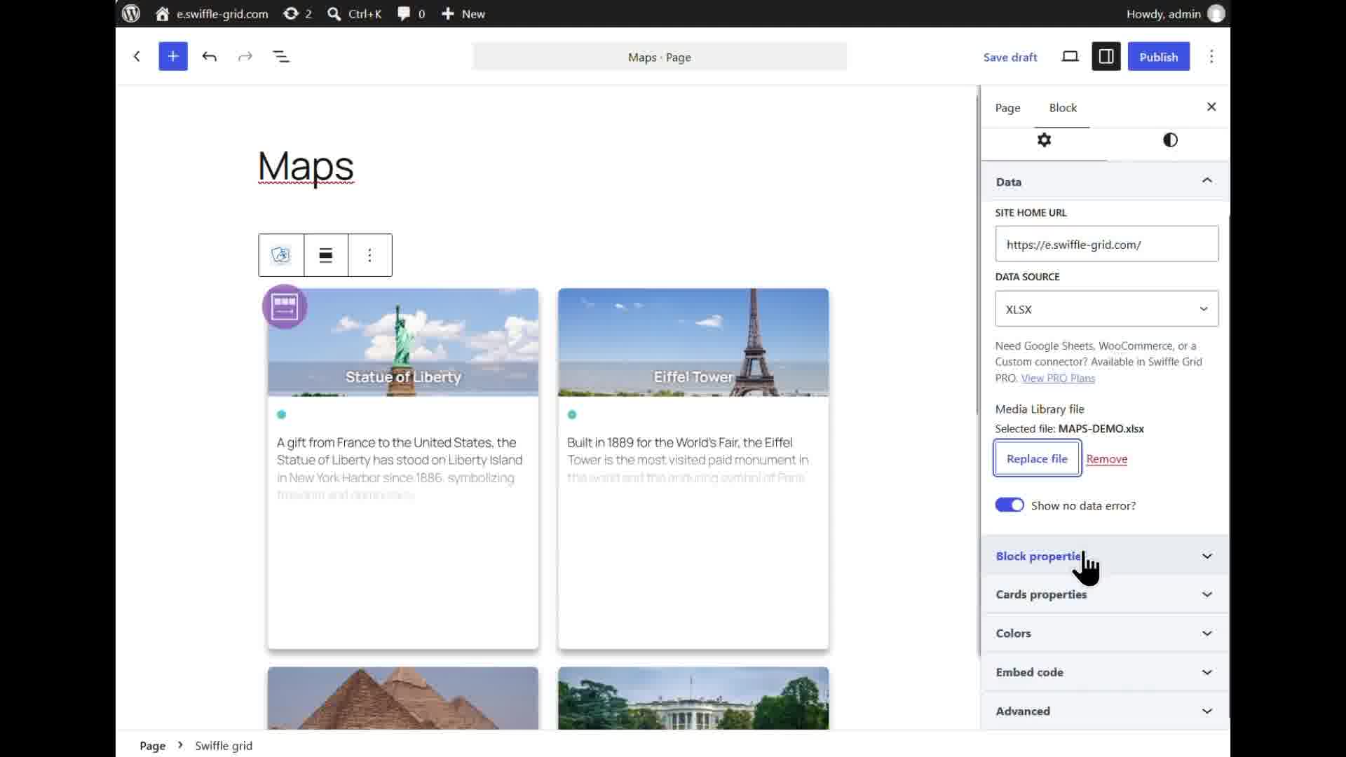 Swiffle Grid block with XLSX selected as the data source, rendering the landmark cards