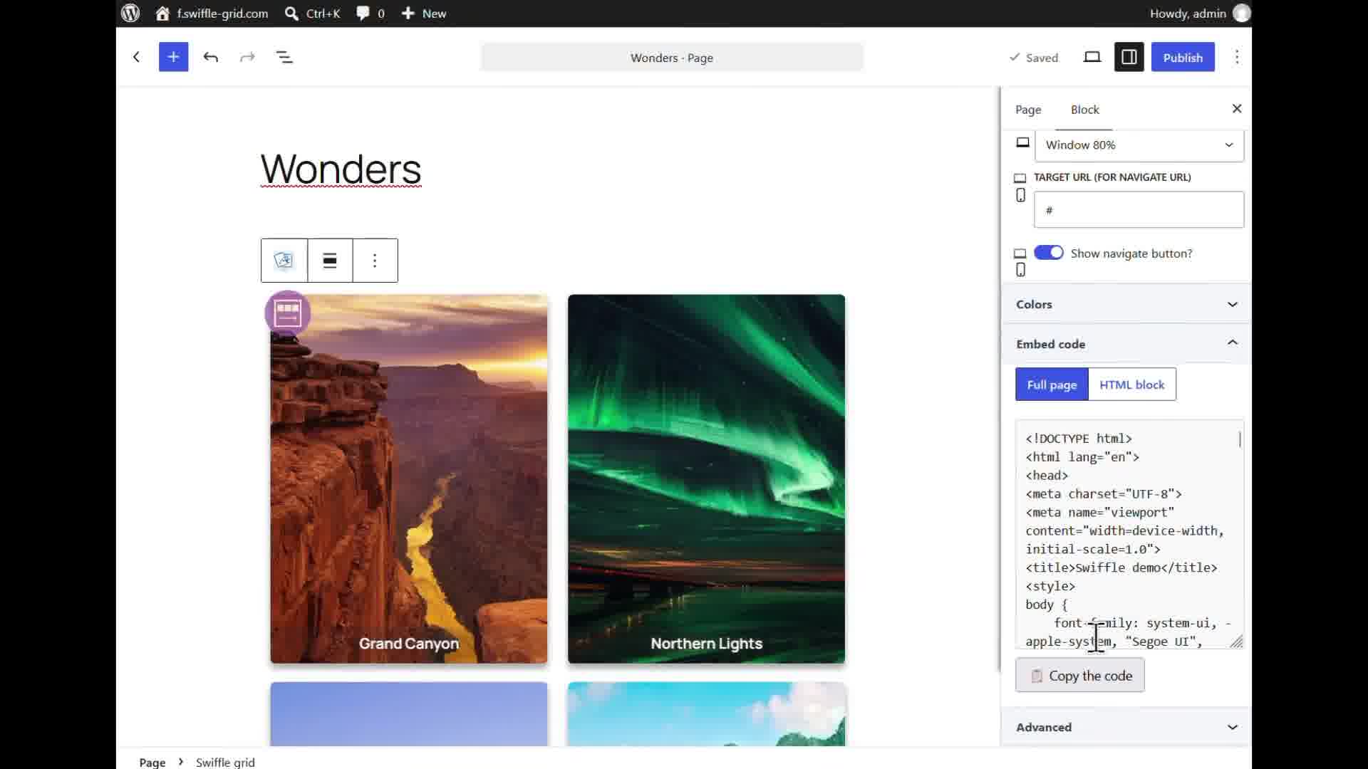 Copying the embed code from the Swiffle Grid block