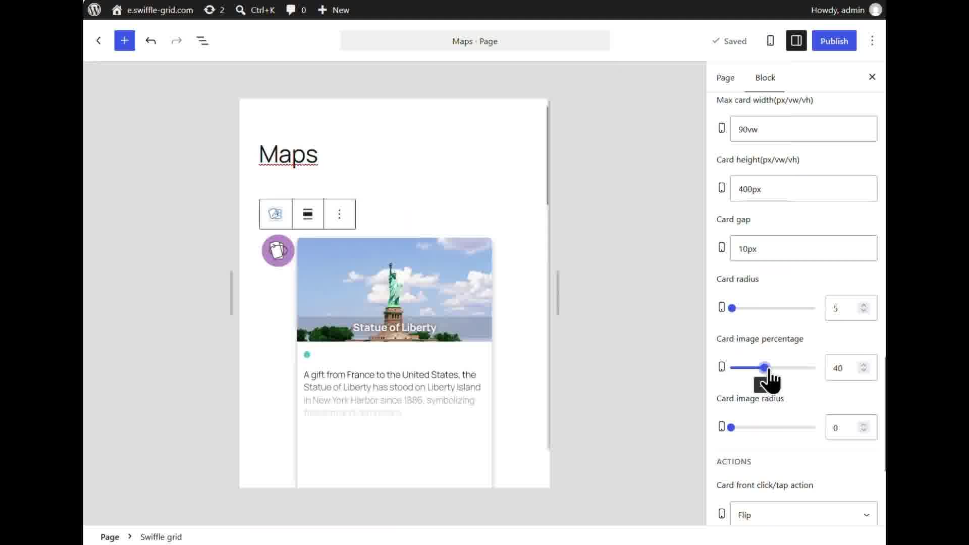 Setting the card front click/tap action to Flip in the block settings