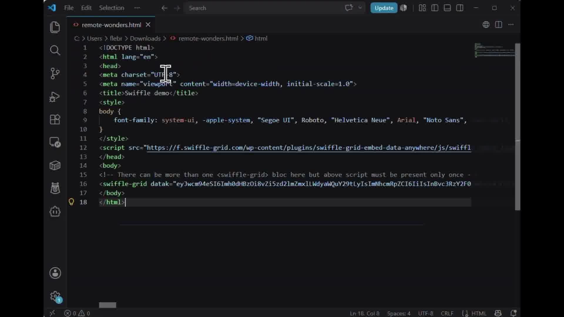 Pasting the embed code into an external HTML page in VS Code