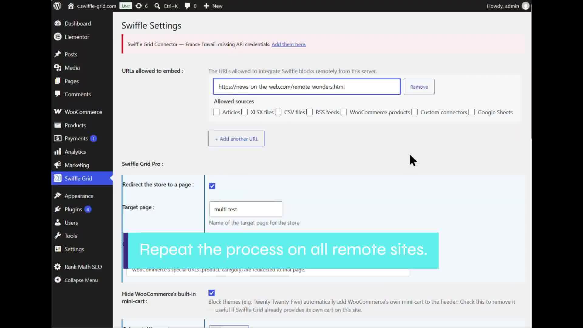 Swiffle Grid settings with the external URL allowed and Google Sheets checked
