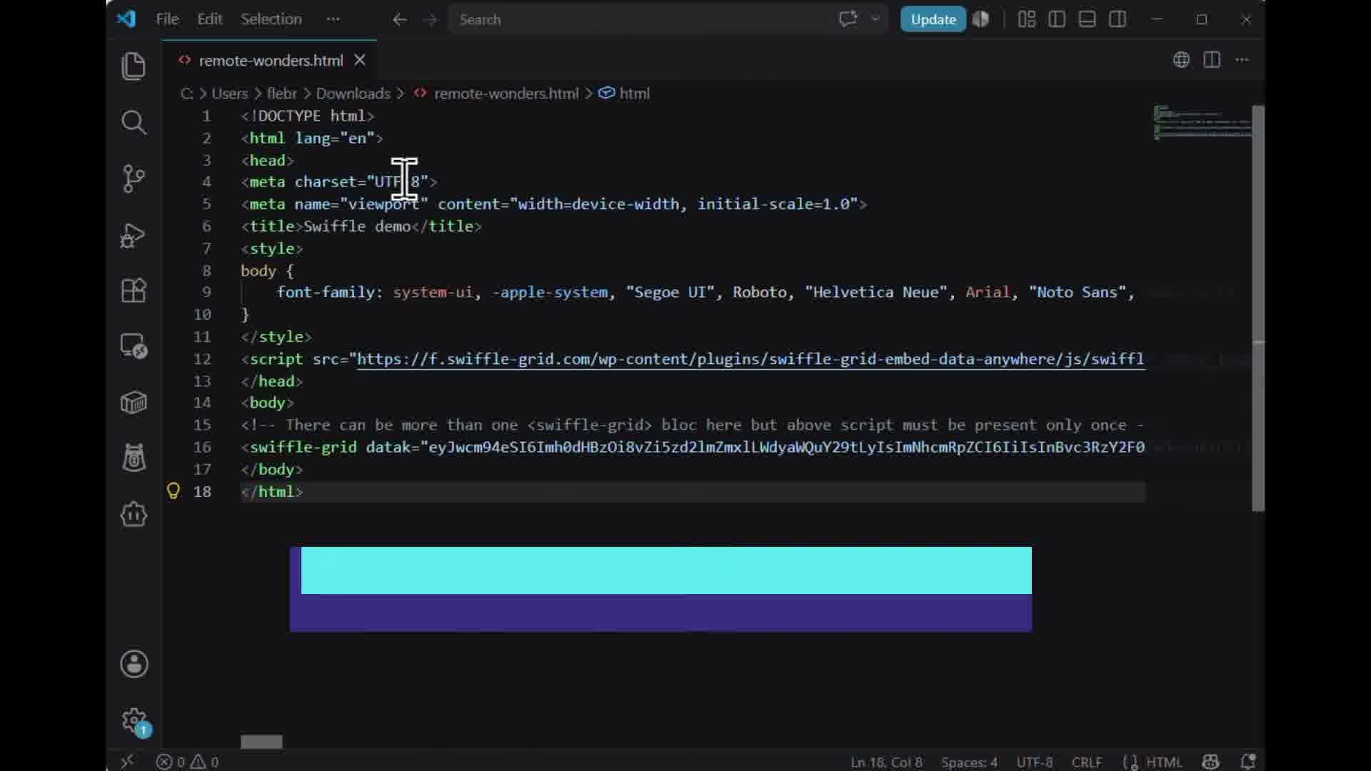 Pasting the embed code into an external HTML page in VS Code