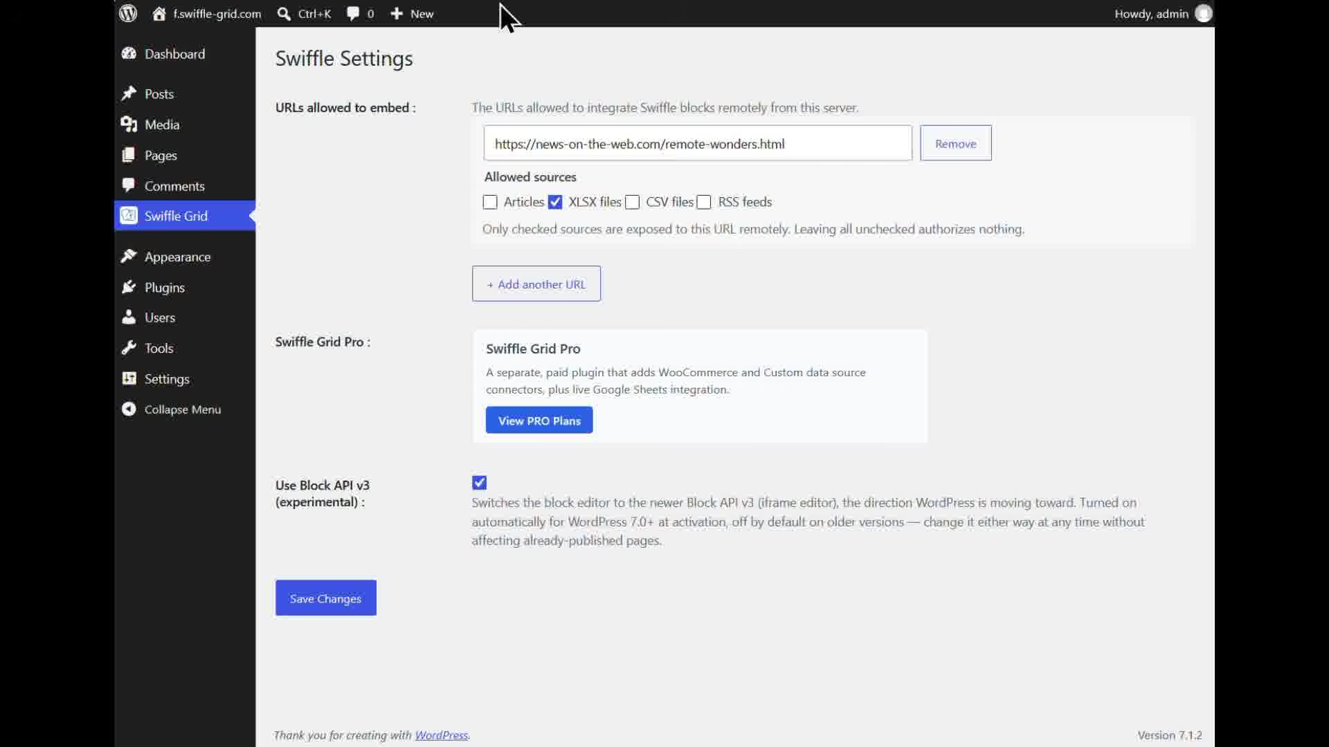 Swiffle Grid settings with the external URL allowed and XLSX files checked