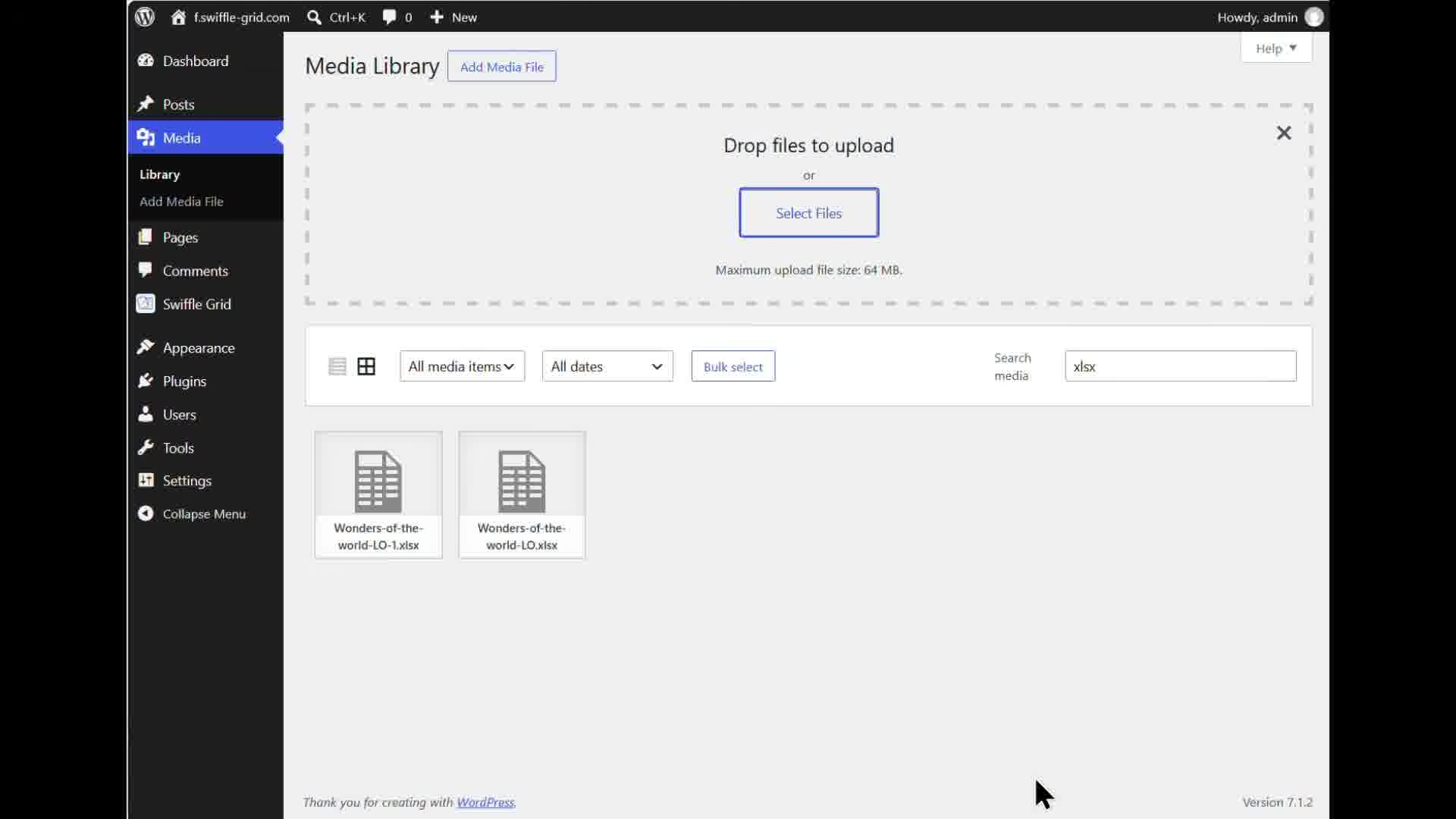 Media Library showing the re-uploaded XLSX file next to the original