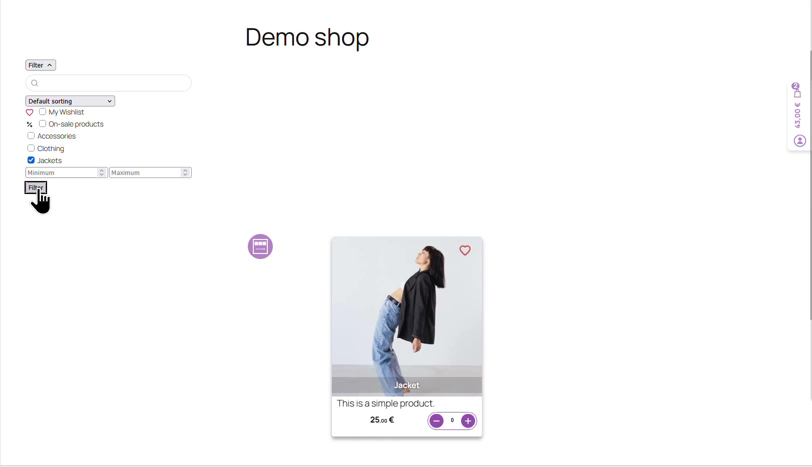 Live page where the Jackets category is selected in the filter and the grid shows only the matching product