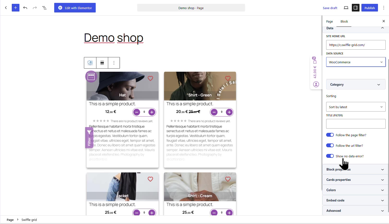 Swiffle Grid block in the block editor with WooCommerce selected as the data source