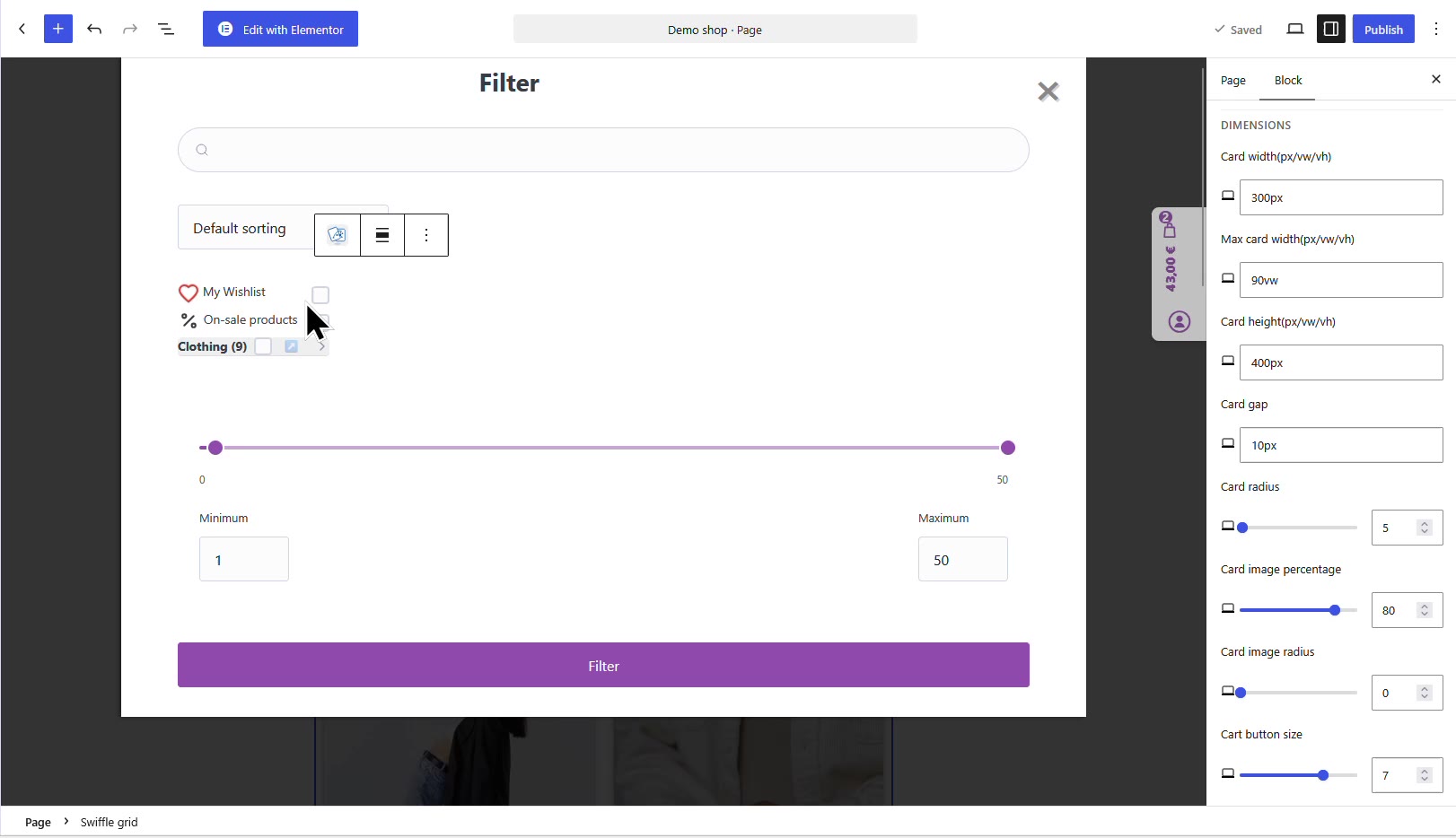 The built-in Swiffle Grid filter with search, sorting, wishlist, on-sale products, categories and price range