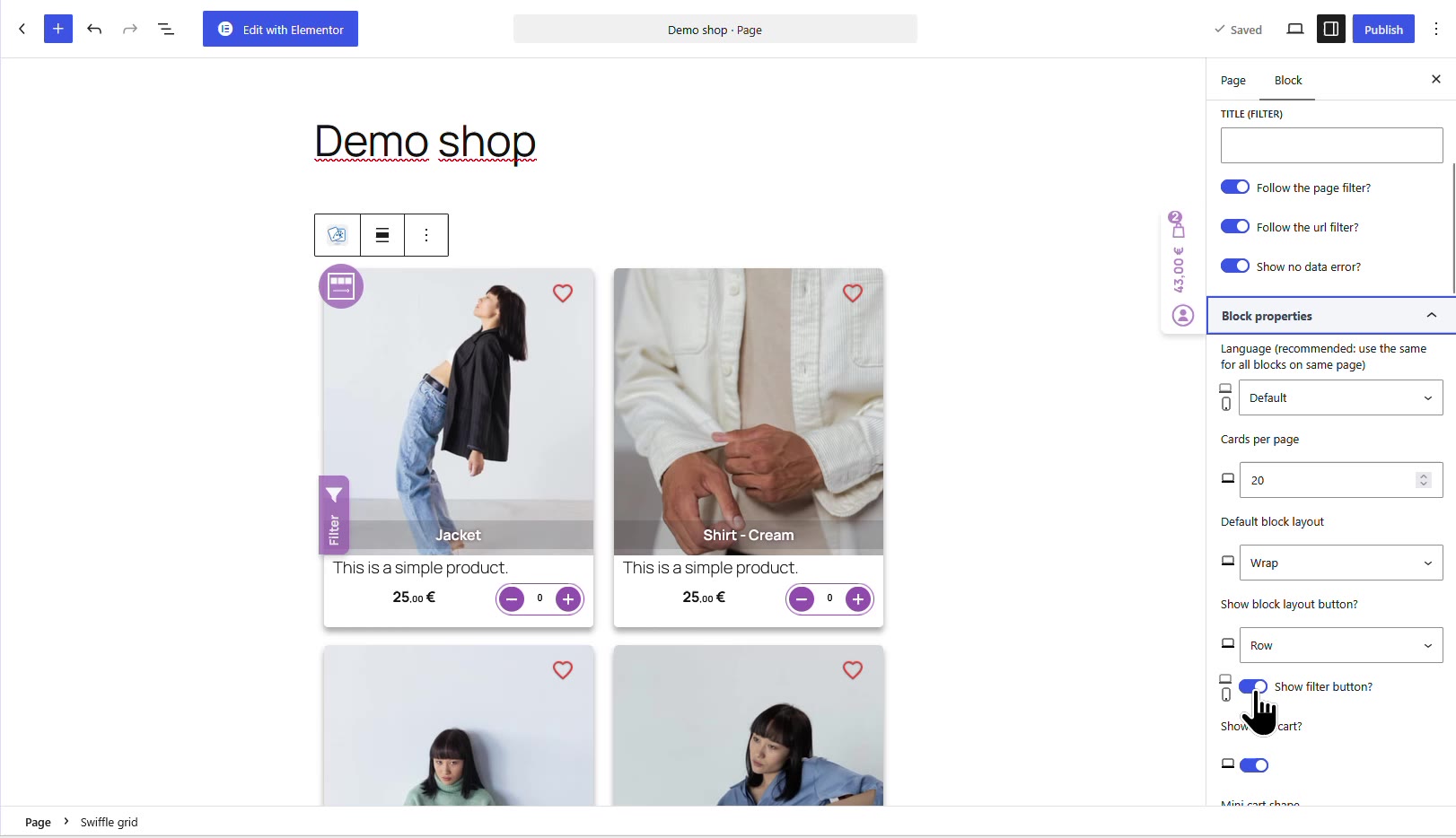 The Show filter button toggle in the Swiffle Grid block properties