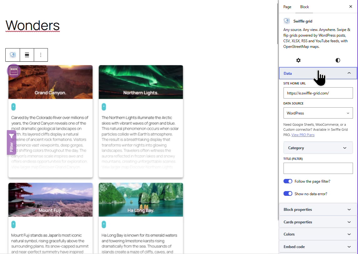Swiffle Grid block in the block editor showing WordPress posts as cards