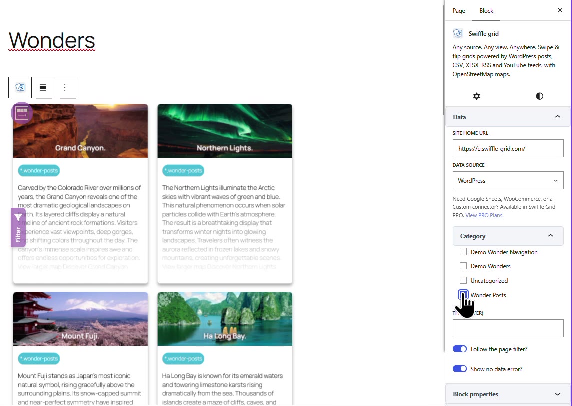 Category list in the Swiffle Grid Data panel with the Wonder Posts category selected