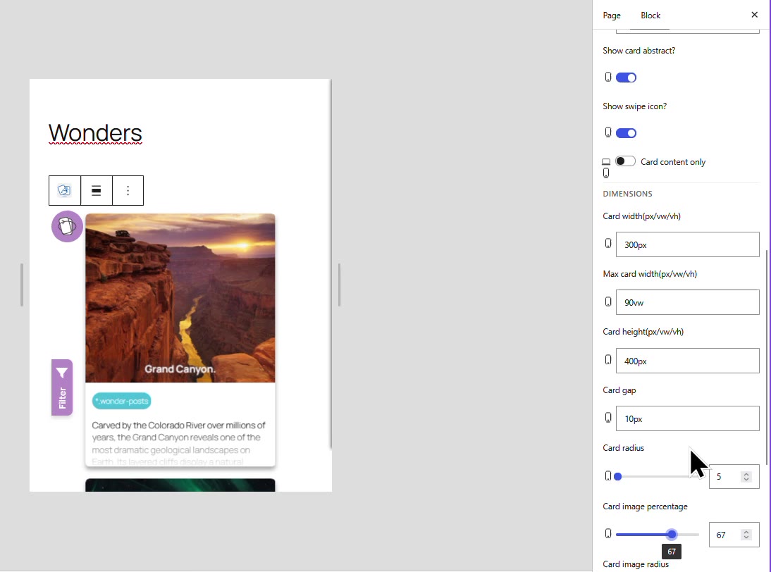Block editor in mobile preview with the phone version of the card settings