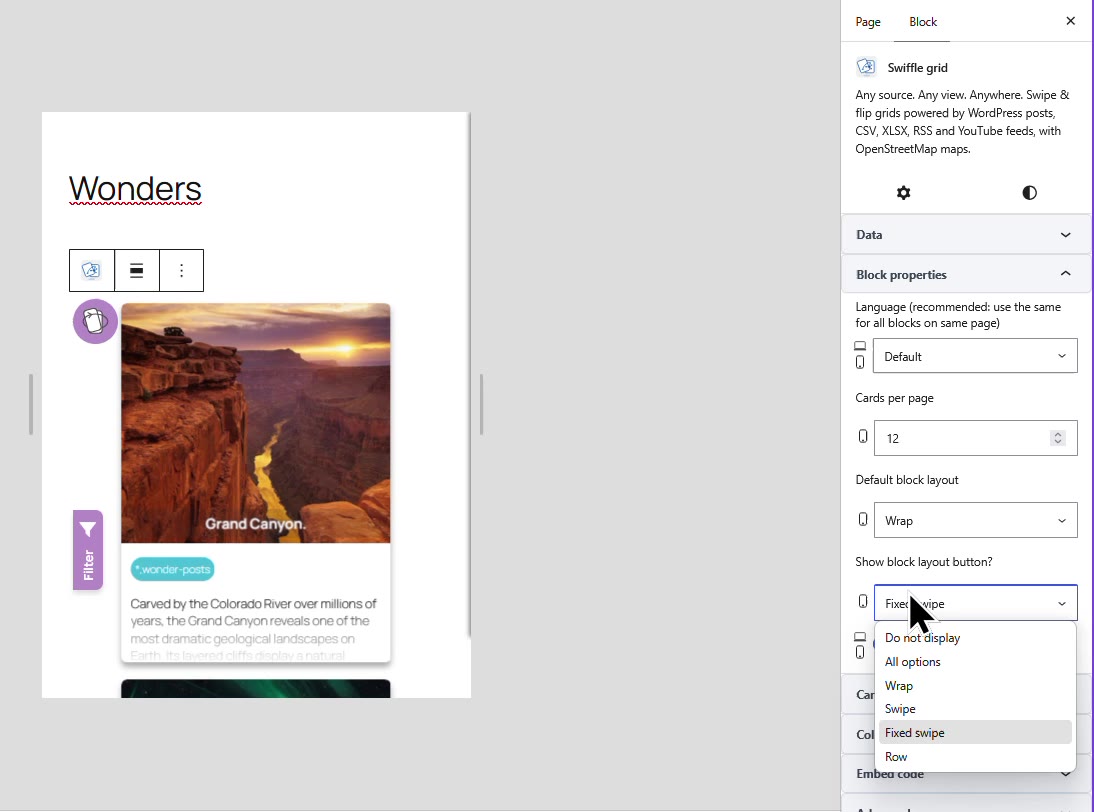 Show block layout button options: Do not display, All options, Wrap, Swipe, Fixed swipe, Row